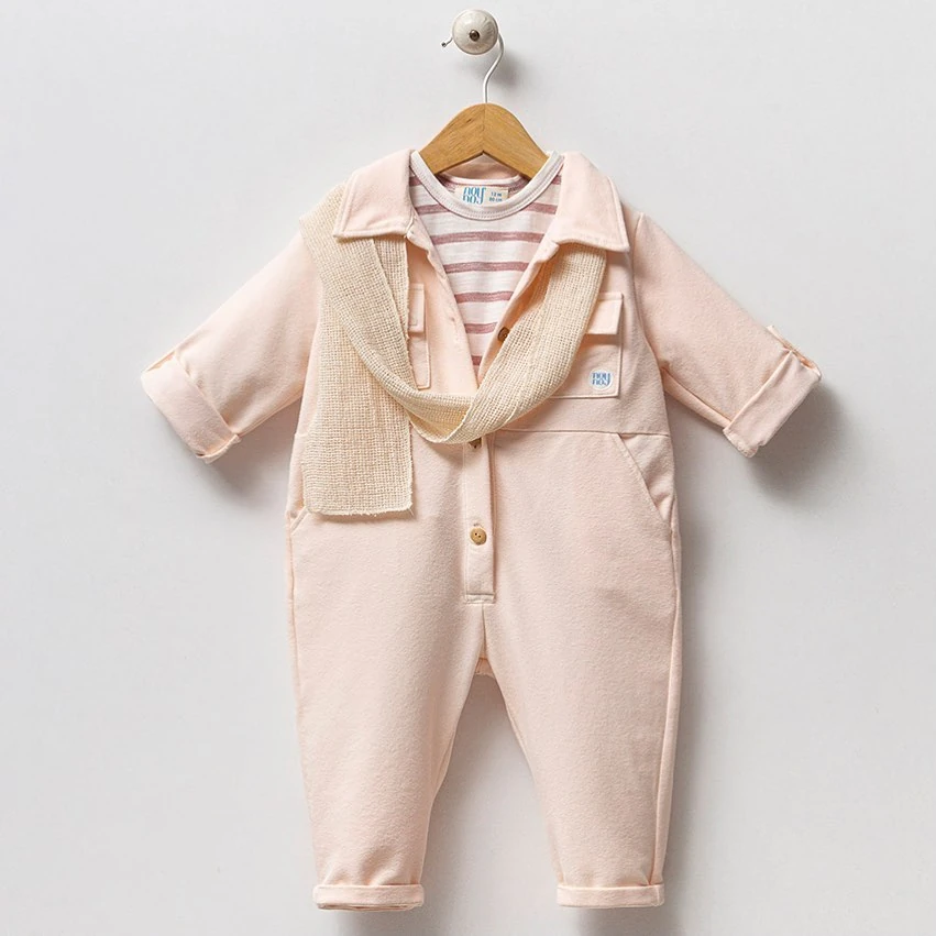 Kız Bebek Atkılı Keten 3'lü Tulum Takımı