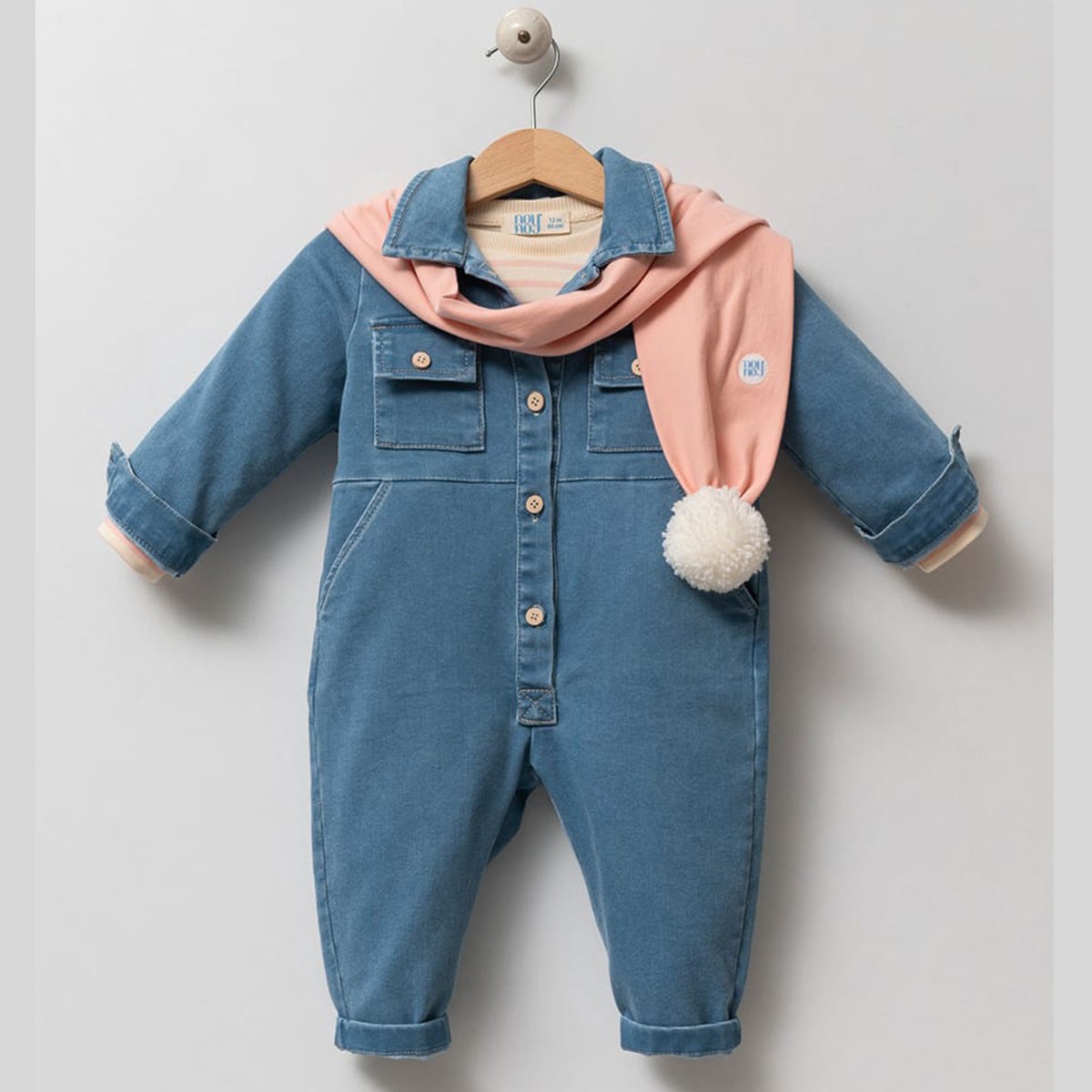 Atkılı Denim Tulum Çizgili Tişört Takımı