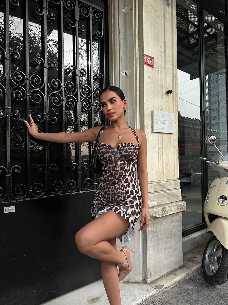 İtalyan Fırfır Detay Mini Elbise - Leopar