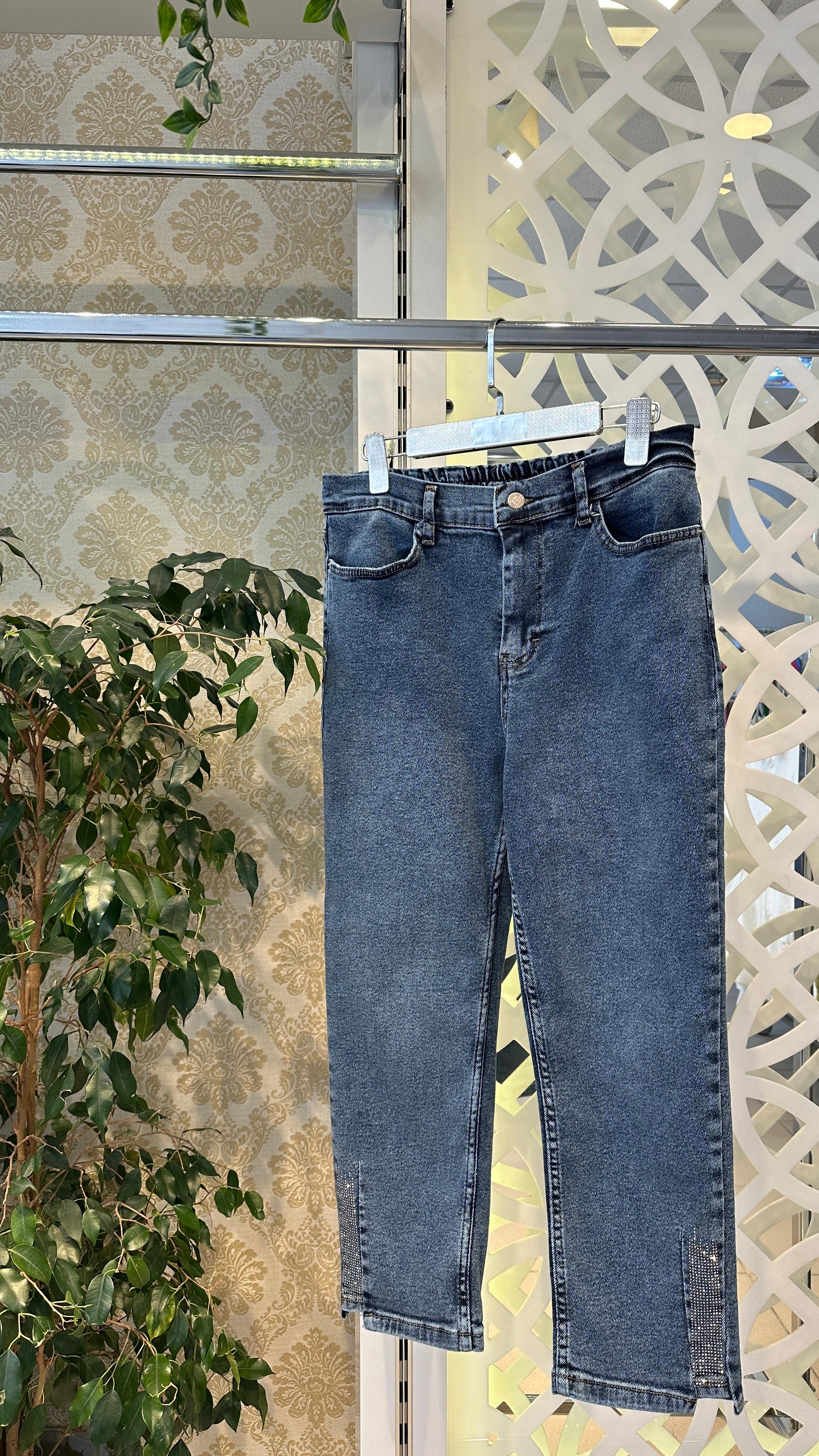 Özel üretim likralı taşlı yumuşak kot pantolon - kot mavi