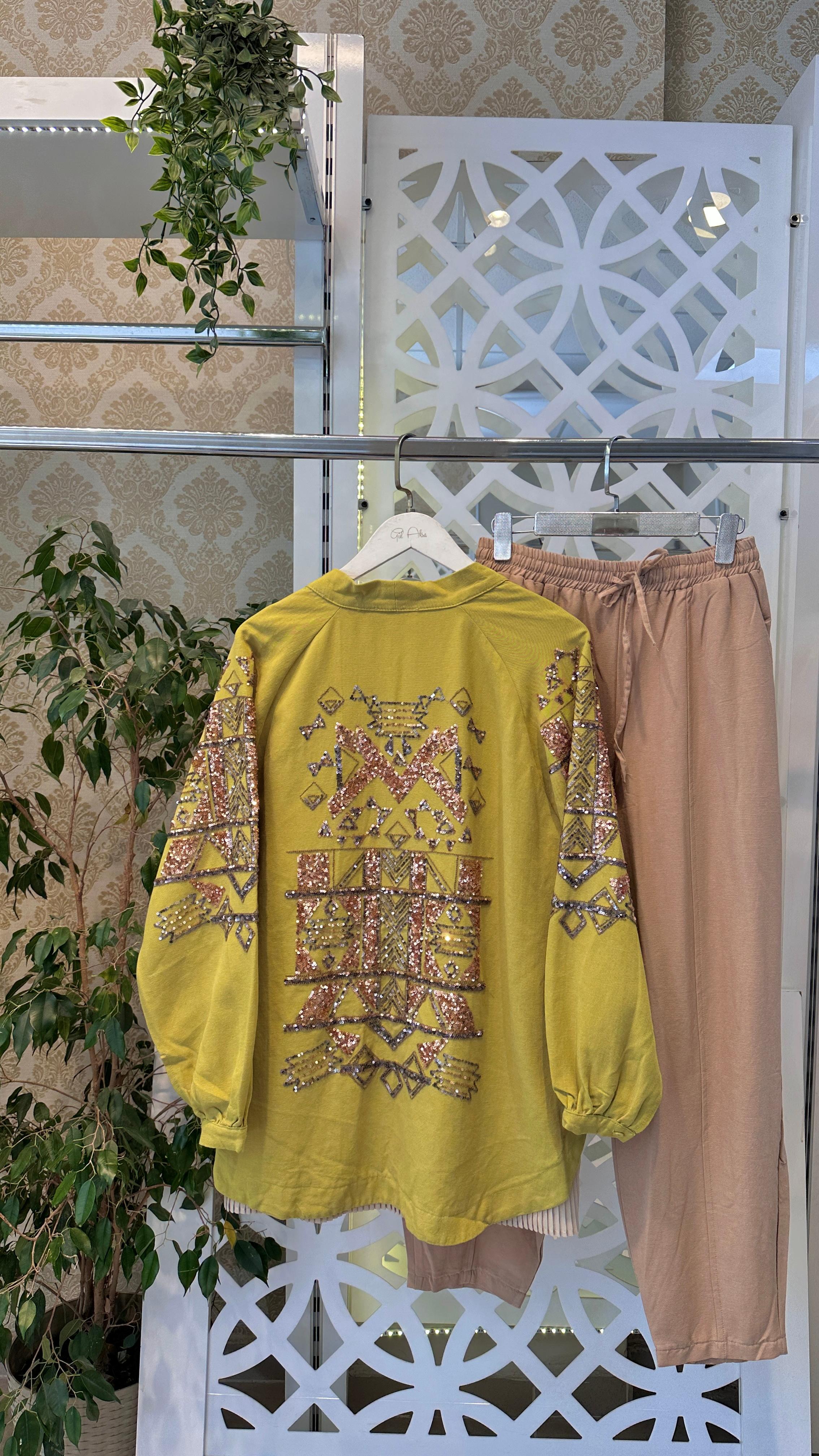 Yağ Yeşili Payetli Kimono - Yağ yeşili