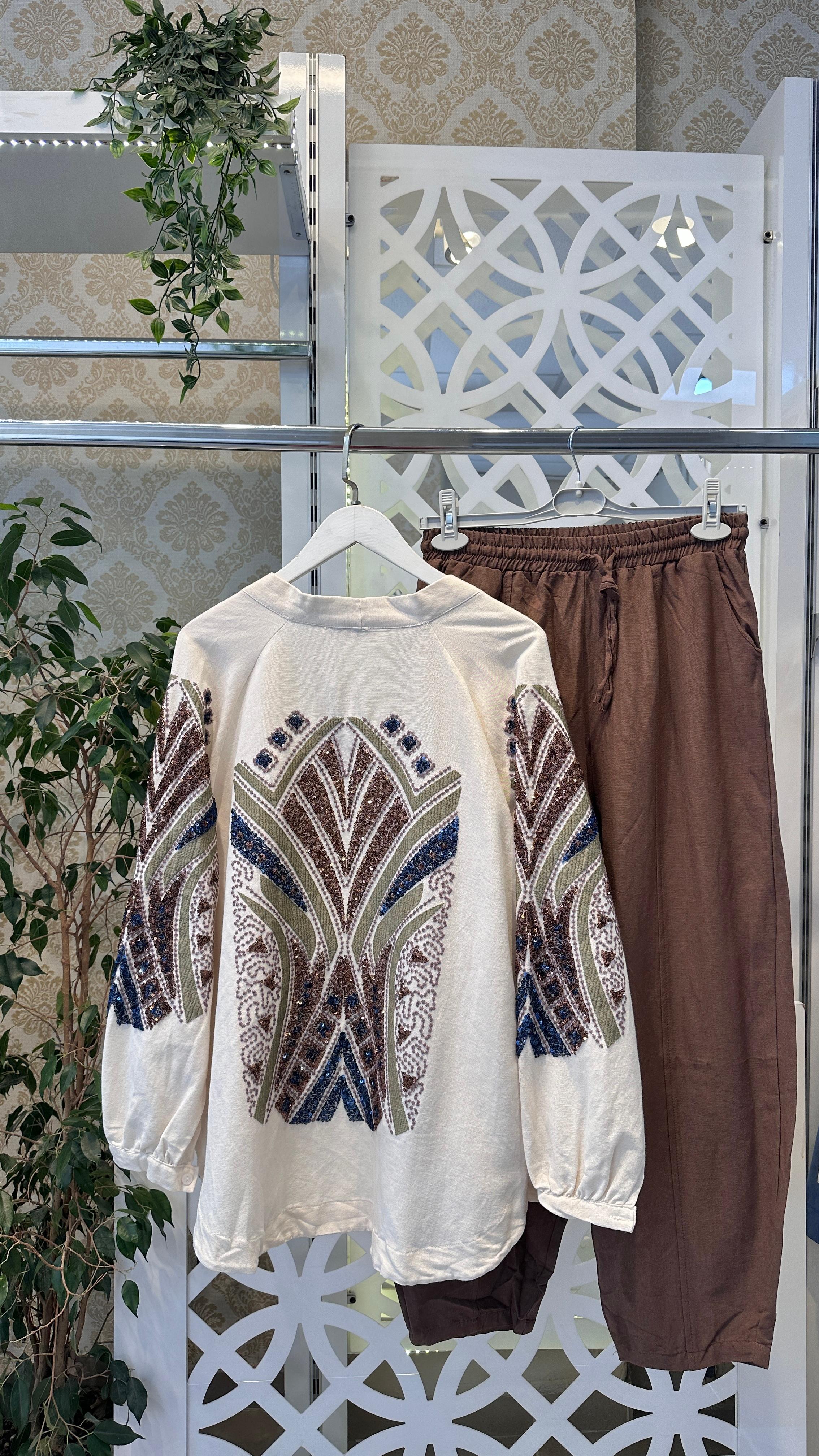 Payetli Keten Kimono 1310 - Kahve Payet