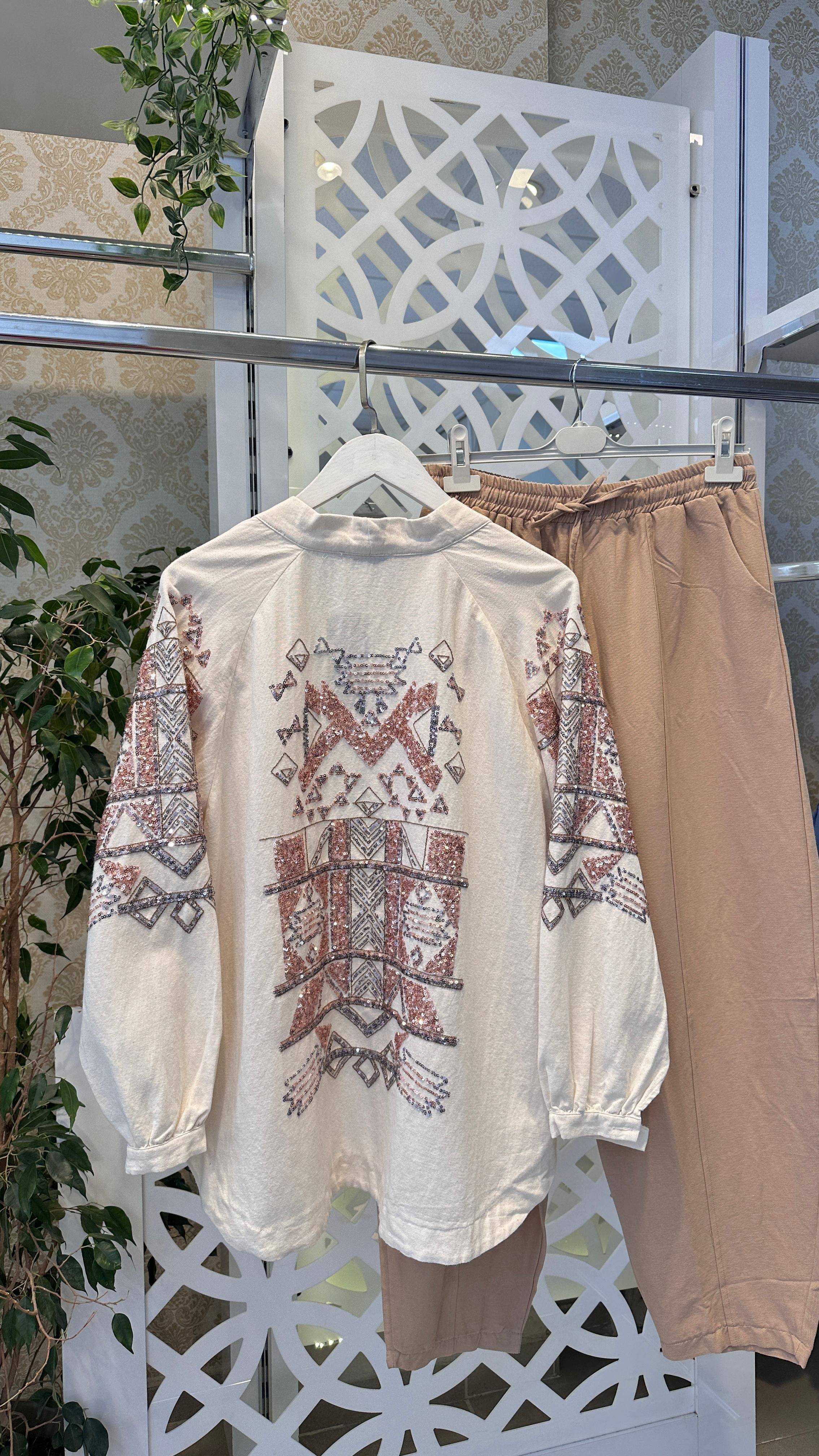 Payetli Keten Kimono 1315 - Açık kahve Payet