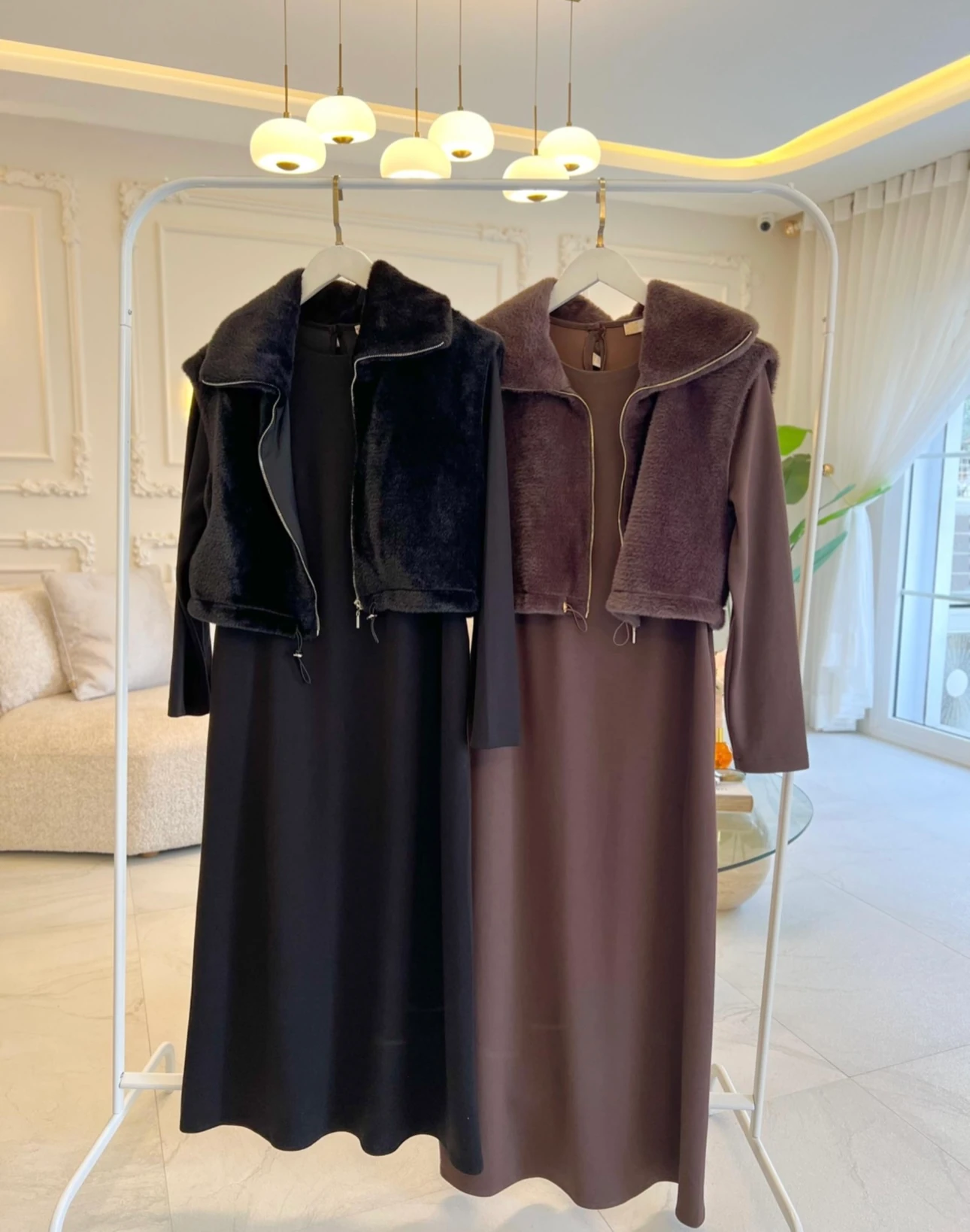 Özel seri kürk yelekli elbise  - acı kahve