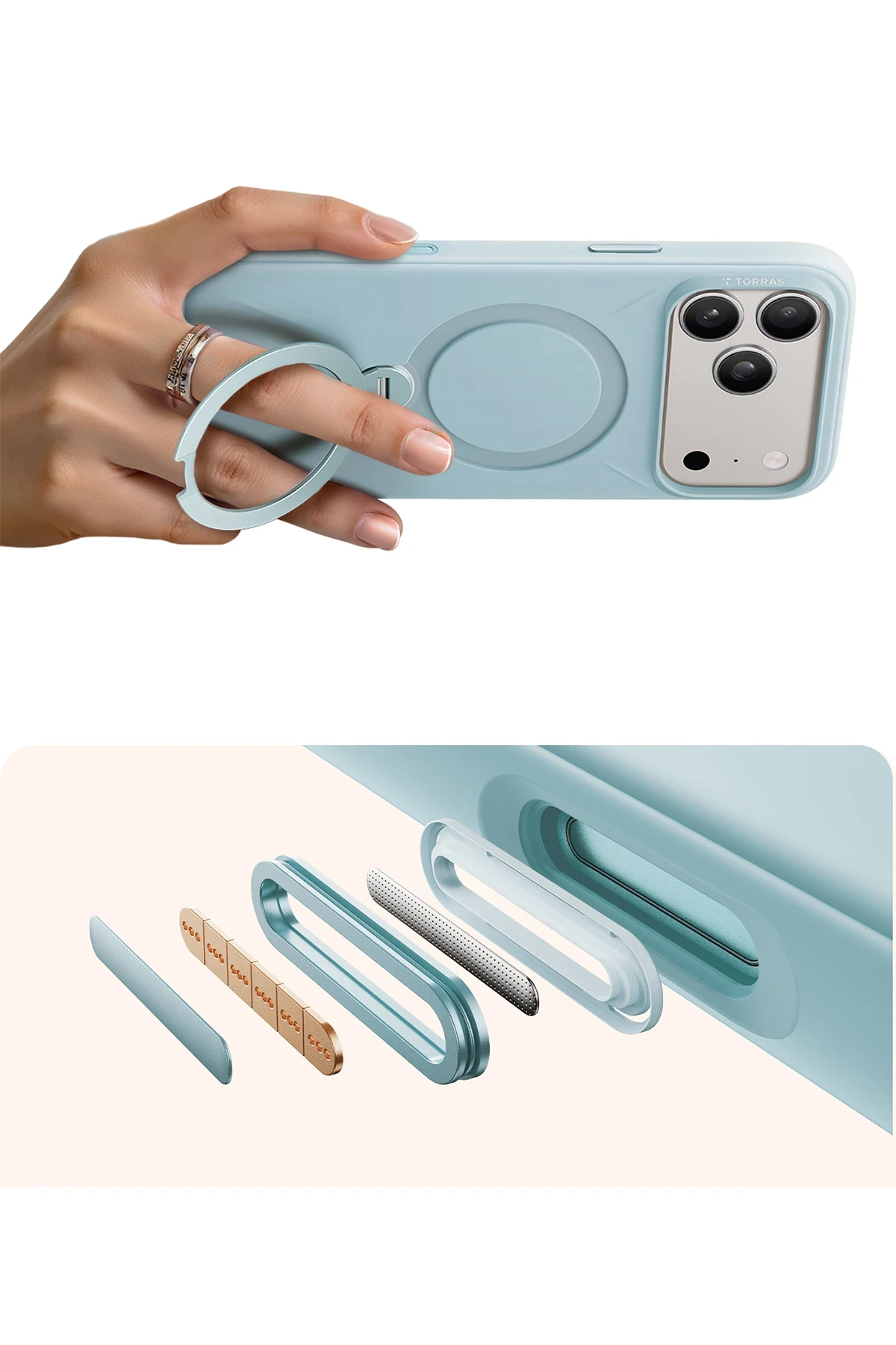 Torras Apple iPhone 17 Pro Max O Stand Spin Silicone Serisi Magsafe Kılıf - Açık Mavi
