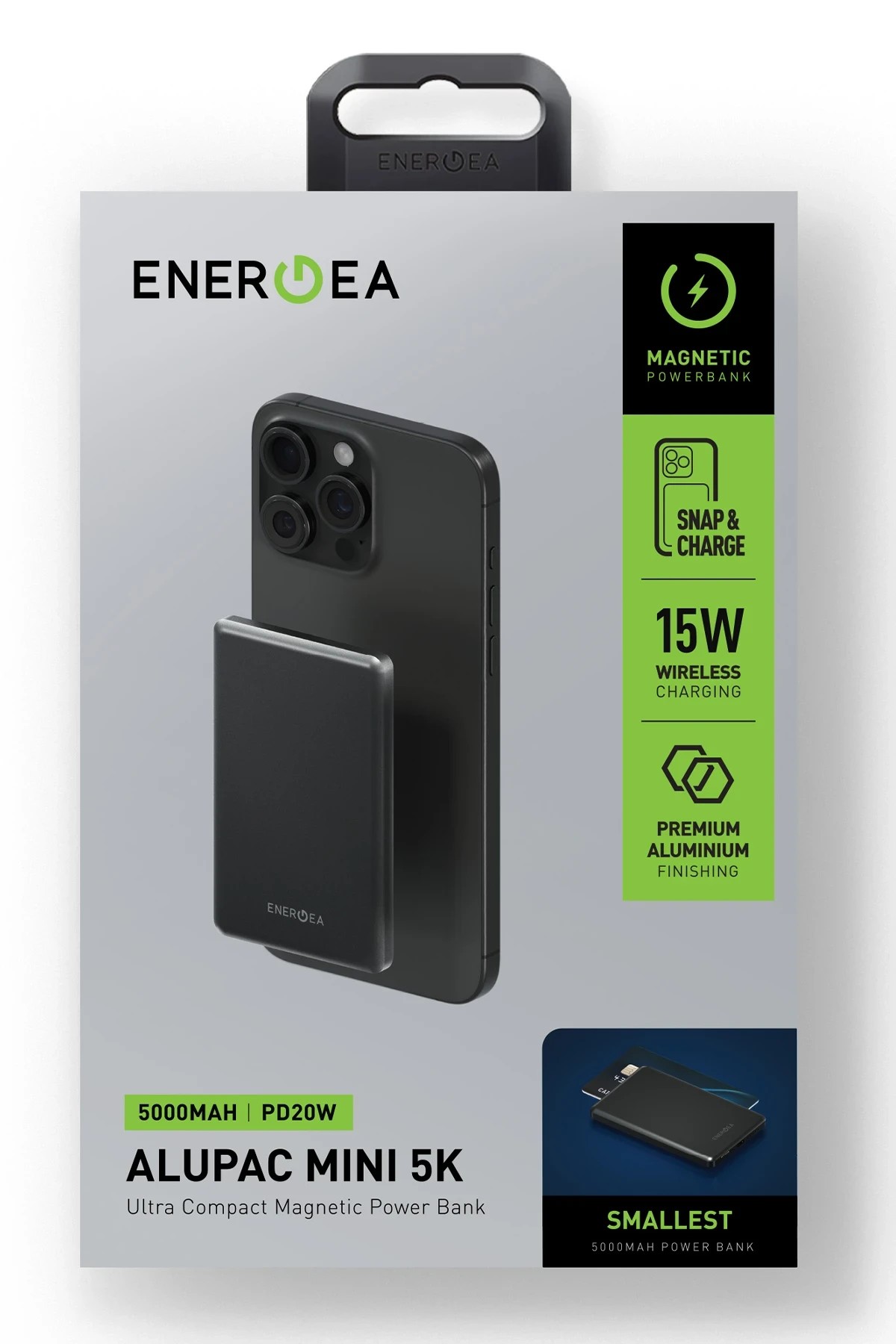 Energea AluPac Mini 5K 5.000 mAh 20W Type-C ve 15W Kablosuz Şarj Çıkışlı PD Hızlı Şarj Magsafe Powerbank - Gold