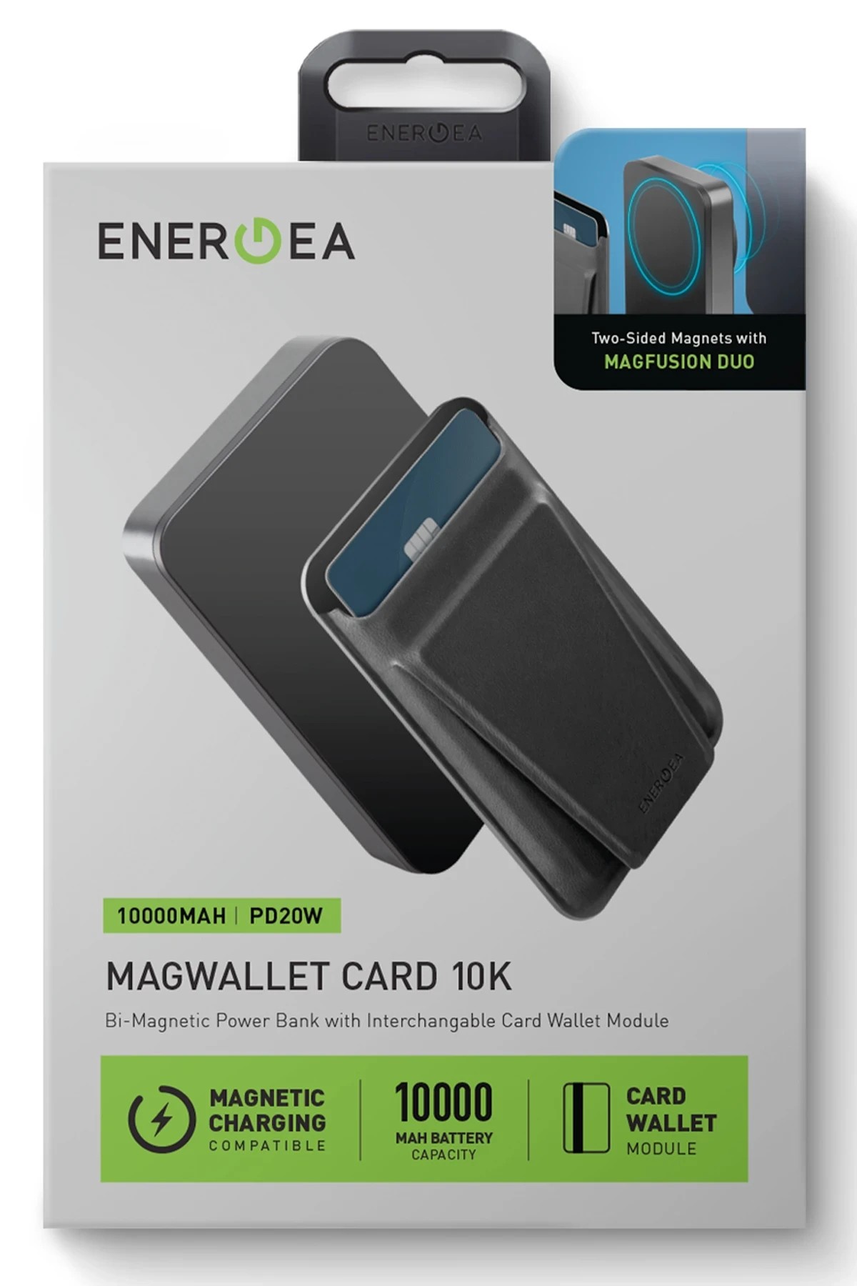Energea MagWallet Card 10K 10.000 mAh 20W Type-C ve 15W Kablosuz Şarj Çıkışlı Ekstra Stand Özellikli Magsafe Kartlıklı PD Hızlı Şarj Magsafe Powerbank - Koyu Gri