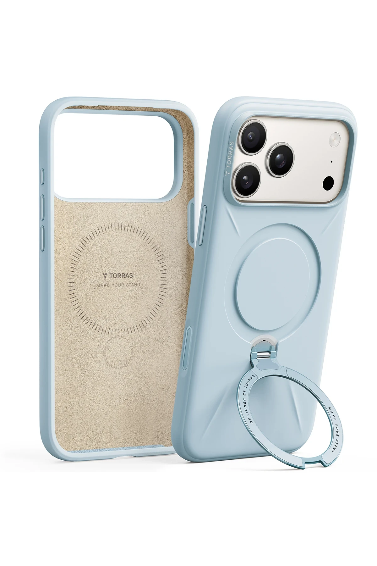 Torras Apple iPhone 17 Pro Max O Stand Spin Silicone Serisi Magsafe Kılıf - Açık Mavi