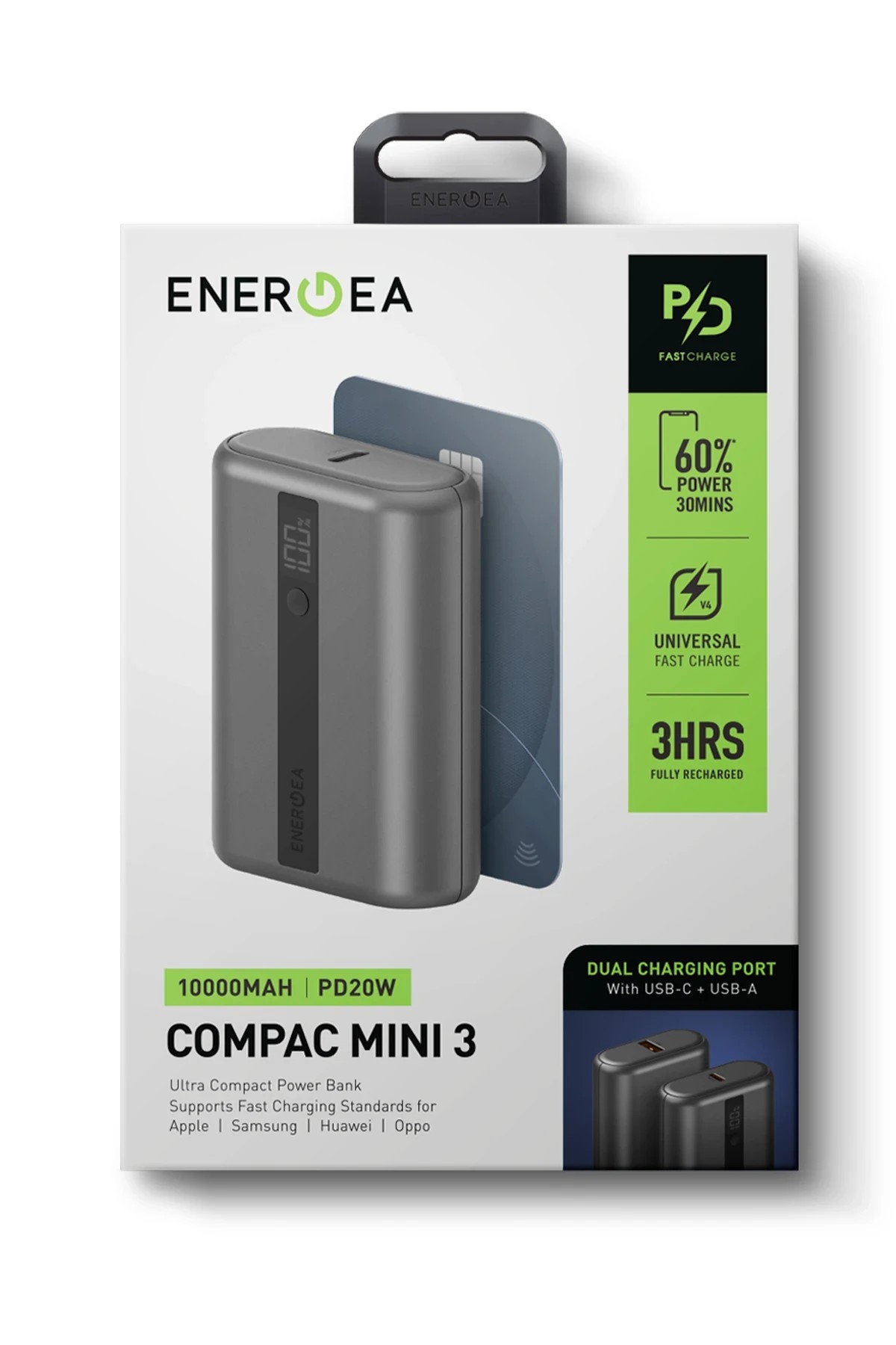 Energea ComPac Mini 3 10.000 mAh Dijital Göstergeli 20W Type-C ve 18W USB Çıkışlı PD Hızlı Şarj Powerbank - Koyu Gri