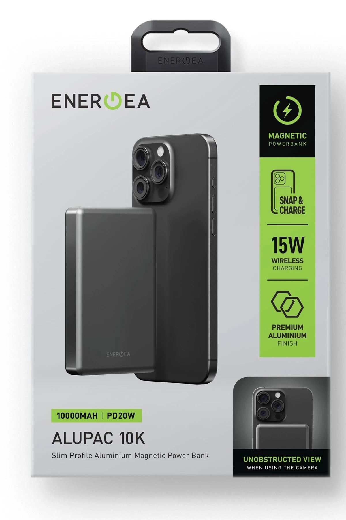 Energea AluPac 10K 10.000 mAh 20W Type-C ve 15W Kablosuz Şarj Çıkışlı PD Hızlı Şarj Magsafe Powerbank - Koyu Gri