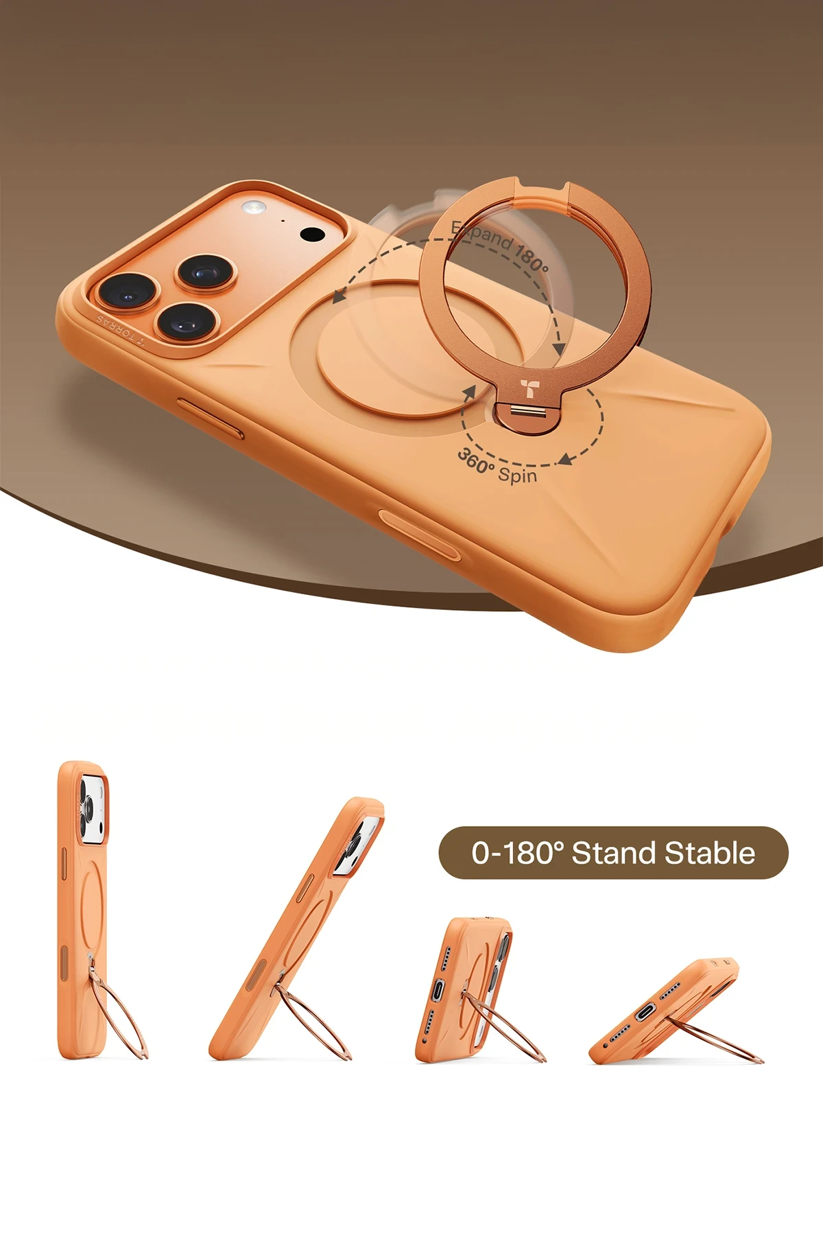 Torras Apple iPhone 17 Pro Max O Stand Spin Silicone Serisi Magsafe Kılıf - Turuncu