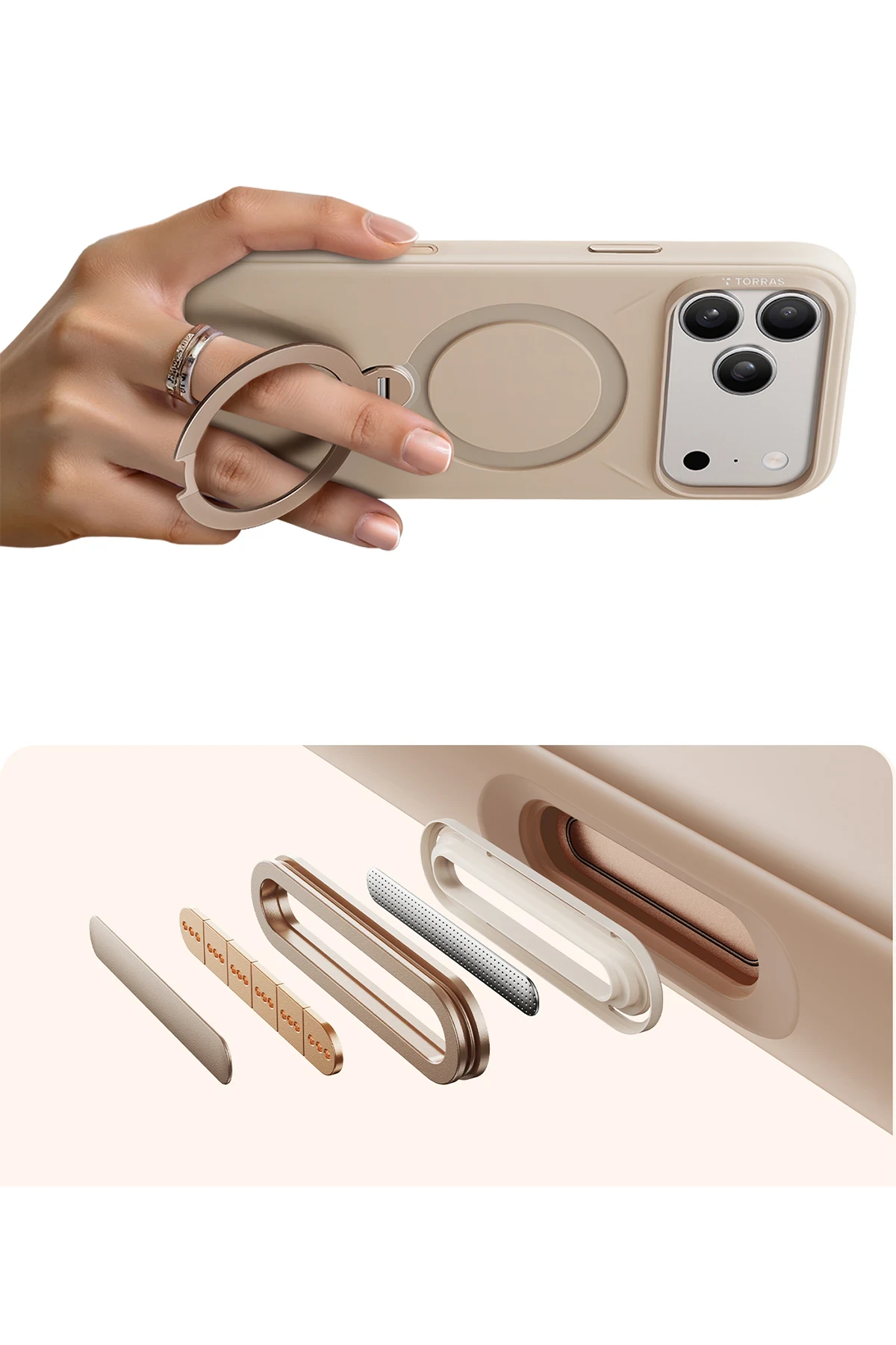 Torras Apple iPhone 17 Pro Max O Stand Spin Silicone Serisi Magsafe Kılıf - Krem