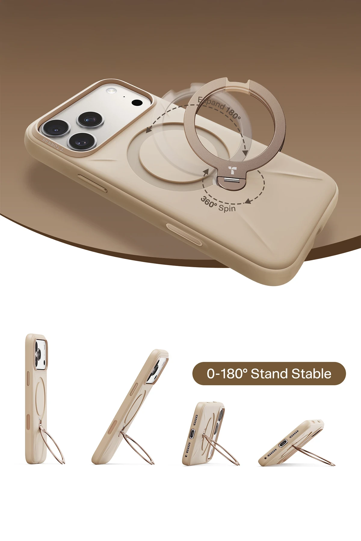 Torras Apple iPhone 17 Pro Max O Stand Spin Silicone Serisi Magsafe Kılıf - Krem