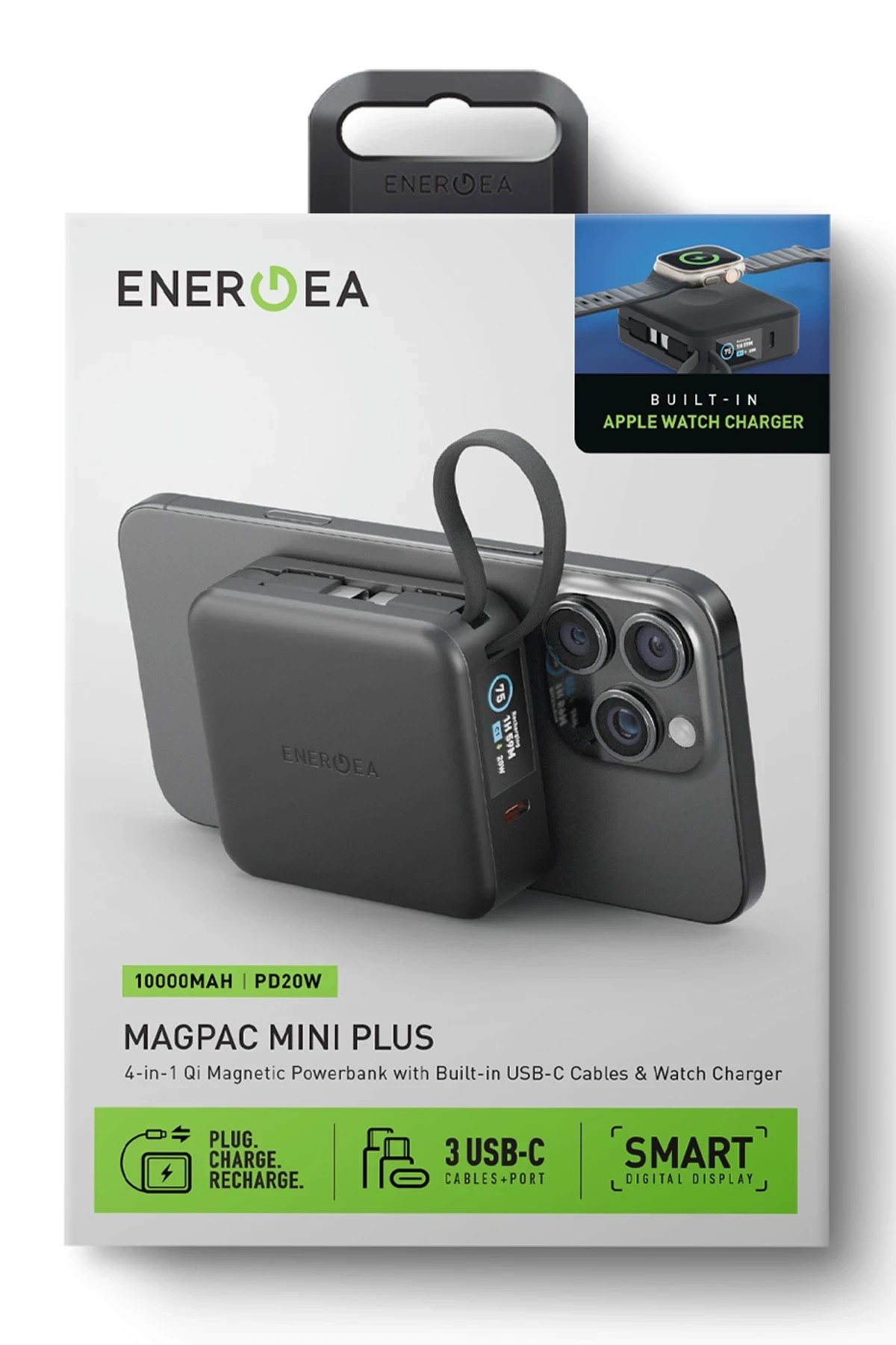 Energea MagPac Mini Plus Dijital Göstergeli 10.000 mAh 2 Adet 20W Type-C Kablolu 1 Adet 20W Type-C ve 15W Kablosuz Şarj Çıkışlı PD Hızlı Şarj Magsafe Powerbank - Siyah