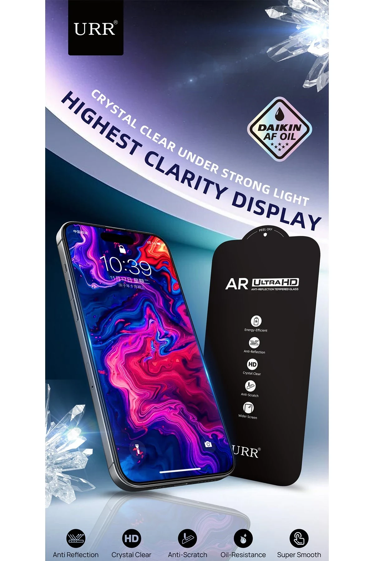 URR Apple iPhone 17 Pro Max 3D Anti Reflection AR Ultra HD Cam Ekran Koruyucu - Şeffaf