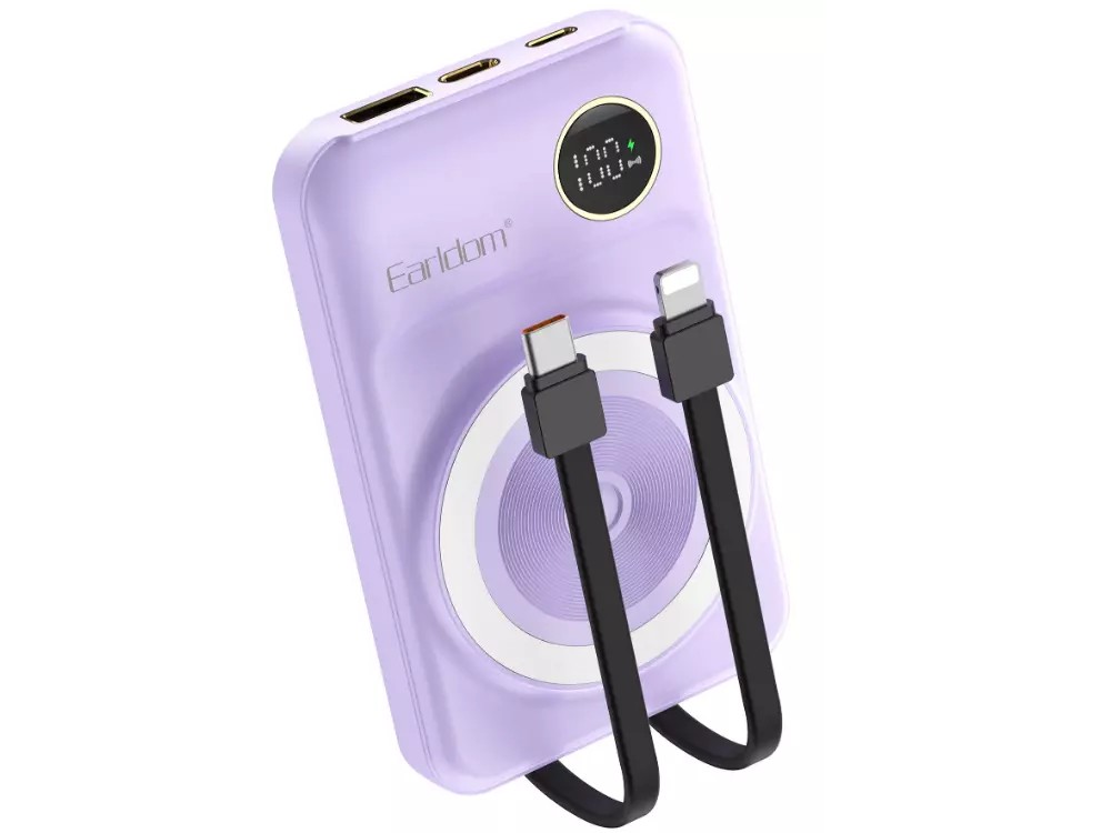 Earldom PD28 10.000 mAh 22.5W Kablosuz Şarjlı Dijital Göstergeli PD Hızlı Şarj Mini Powerbank - Mor