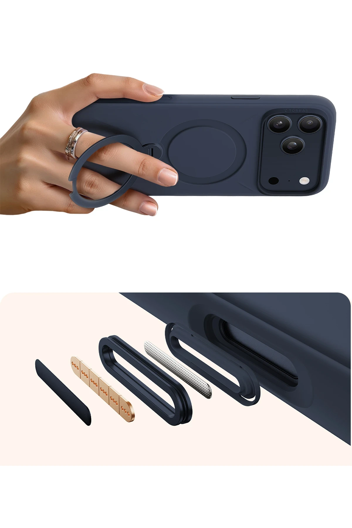 Torras Apple iPhone 17 Pro Max O Stand Spin Silicone Serisi Magsafe Kılıf - Lacivert