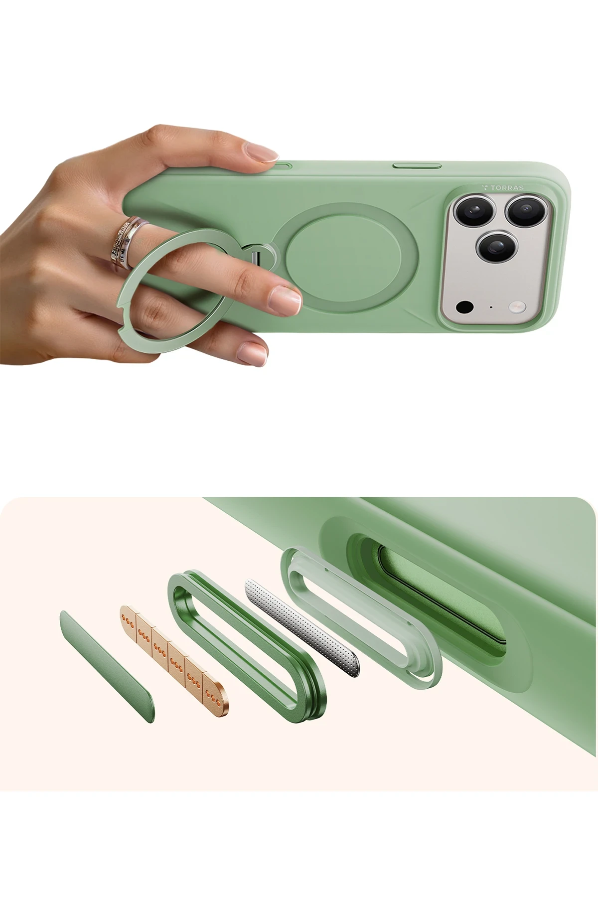 Torras Apple iPhone 17 Pro O Stand Spin Silicone Serisi Magsafe Kılıf - Yeşil