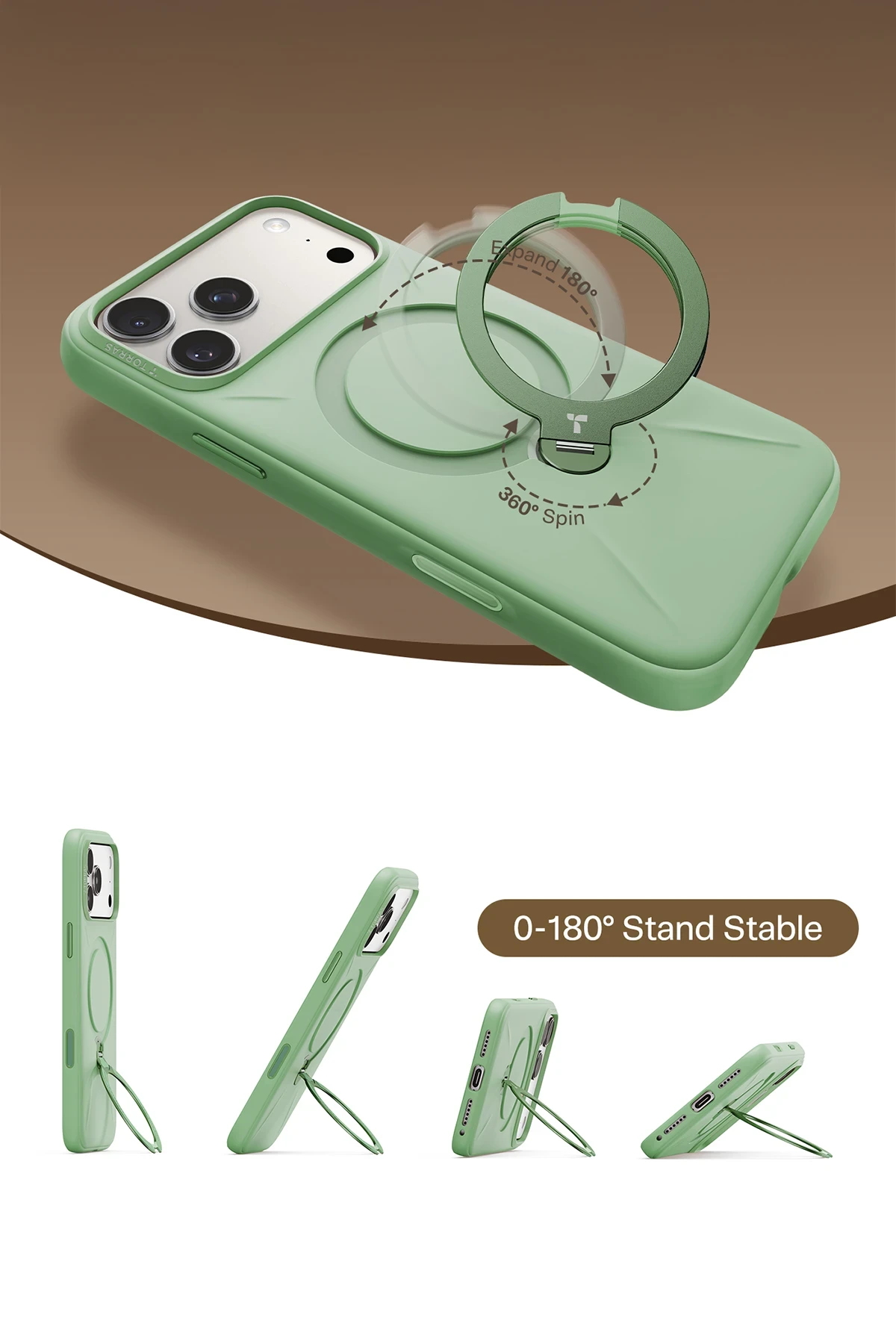 Torras Apple iPhone 17 Pro Max O Stand Spin Silicone Serisi Magsafe Kılıf - Yeşil