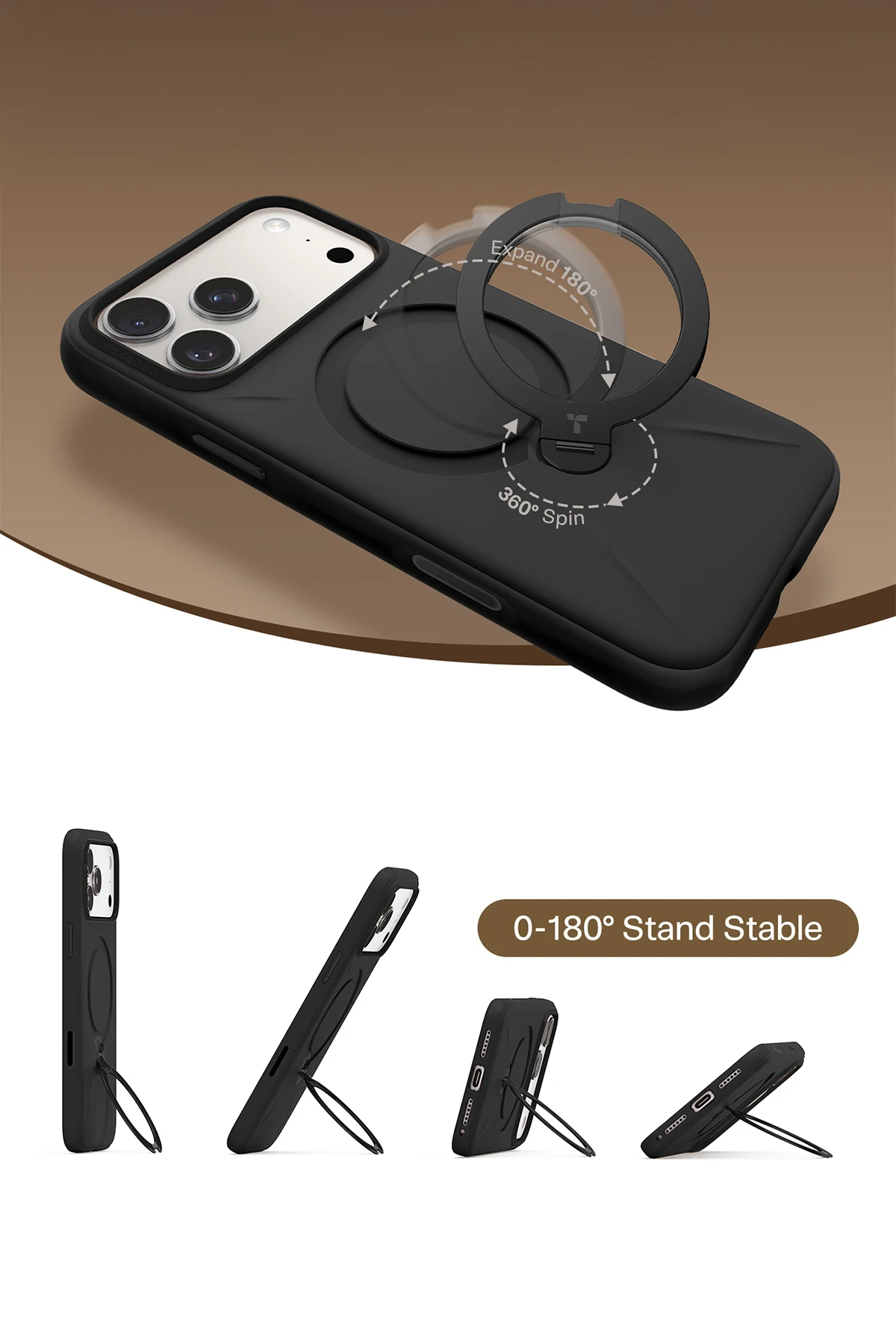 Torras Apple iPhone 17 Pro Max O Stand Spin Silicone Serisi Magsafe Kılıf - Siyah