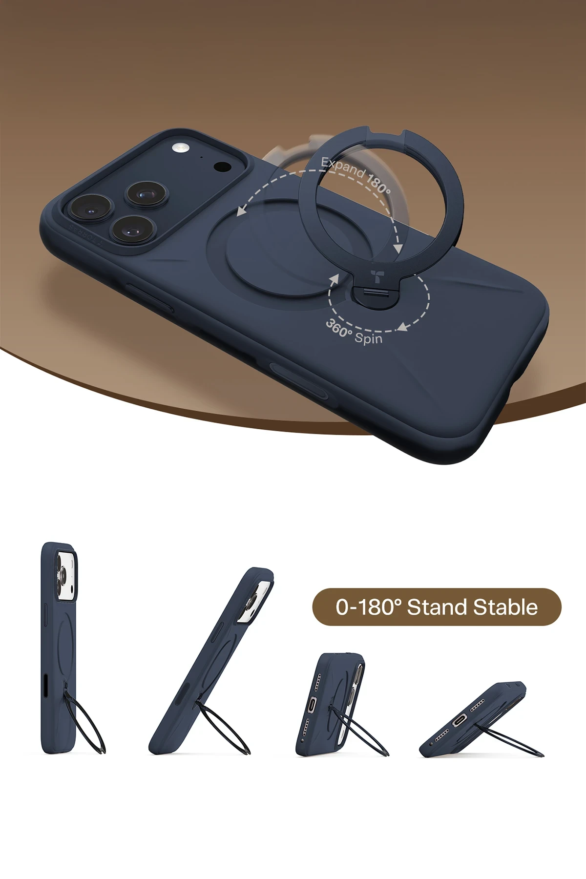 Torras Apple iPhone 17 Pro Max O Stand Spin Silicone Serisi Magsafe Kılıf - Lacivert