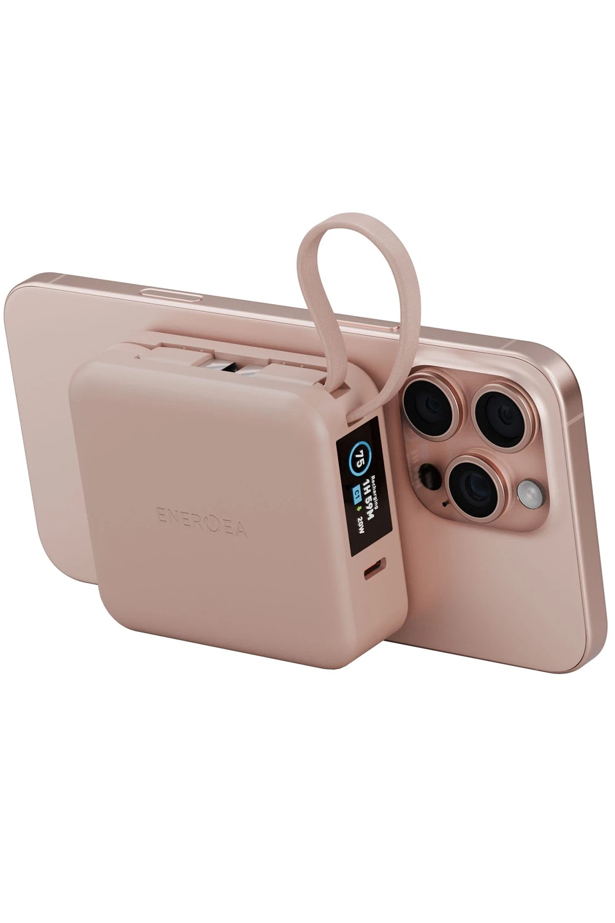 Energea MagPac Mini Plus Dijital Göstergeli 10.000 mAh 20W Type-C 2 Adet 20W Type-C Kablo Çıkışlı 15W Telefon Saat Kablosuz Şarj Destekli Magsafe Powerbank - Pembe
