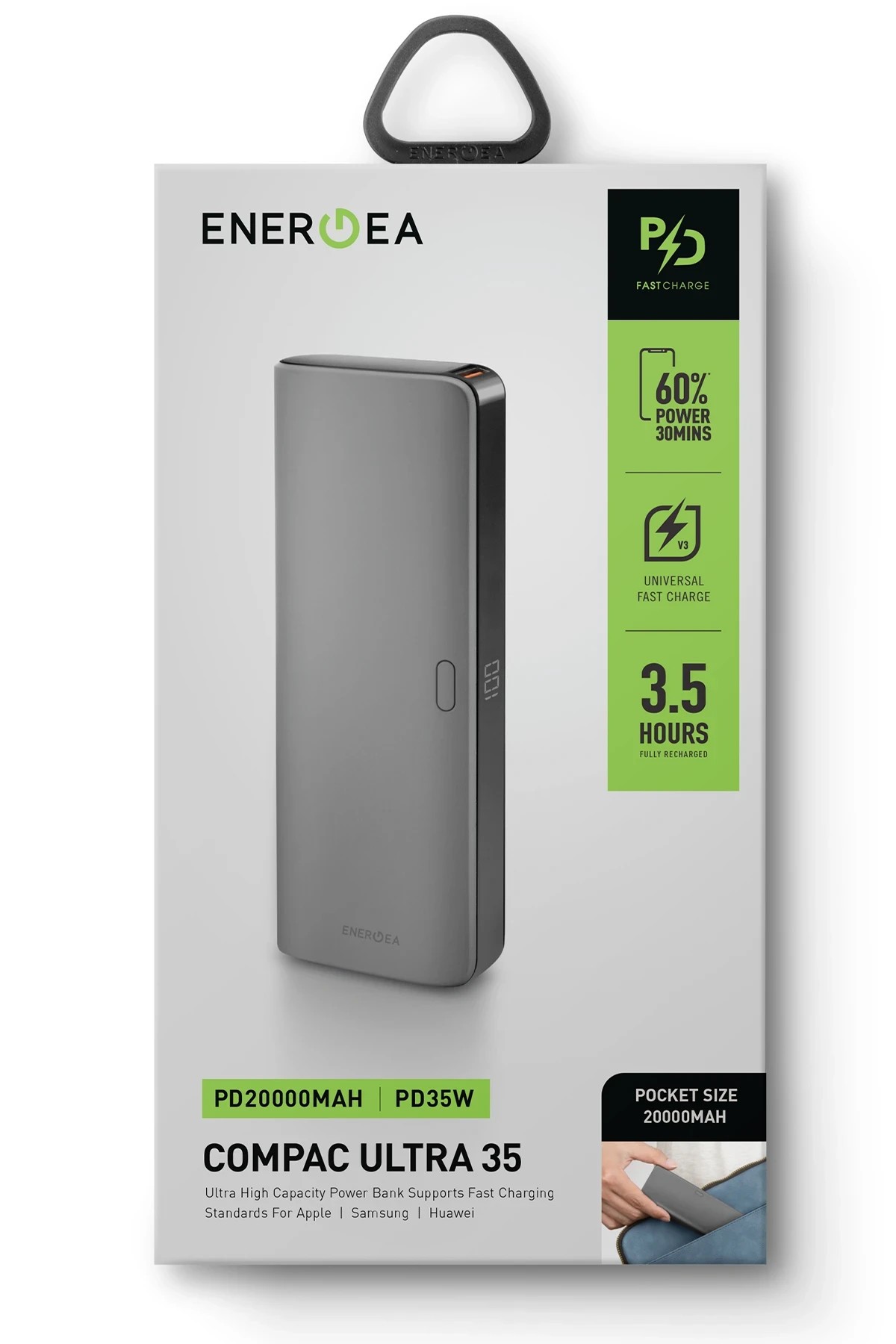 Energea ComPac Ultra 35 20.000 mAh Dijital Göstergeli 35W Type-C Çıkışlı 22.5W USB Çıkışlı PD Hızlı Şarj Powerbank - Koyu Gri