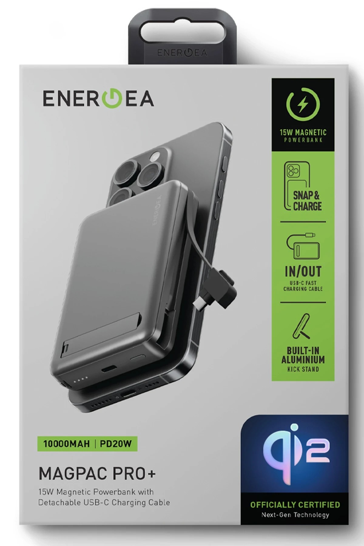 Energea MagPac Pro Plus 10.000 mAh 1 Adet 20W Type-C 1 Adet 20W Type-C Kablo ve 15W Kablosuz Şarj Çıkışlı PD Hızlı Şarj Magsafe Powerbank - Koyu Gri
