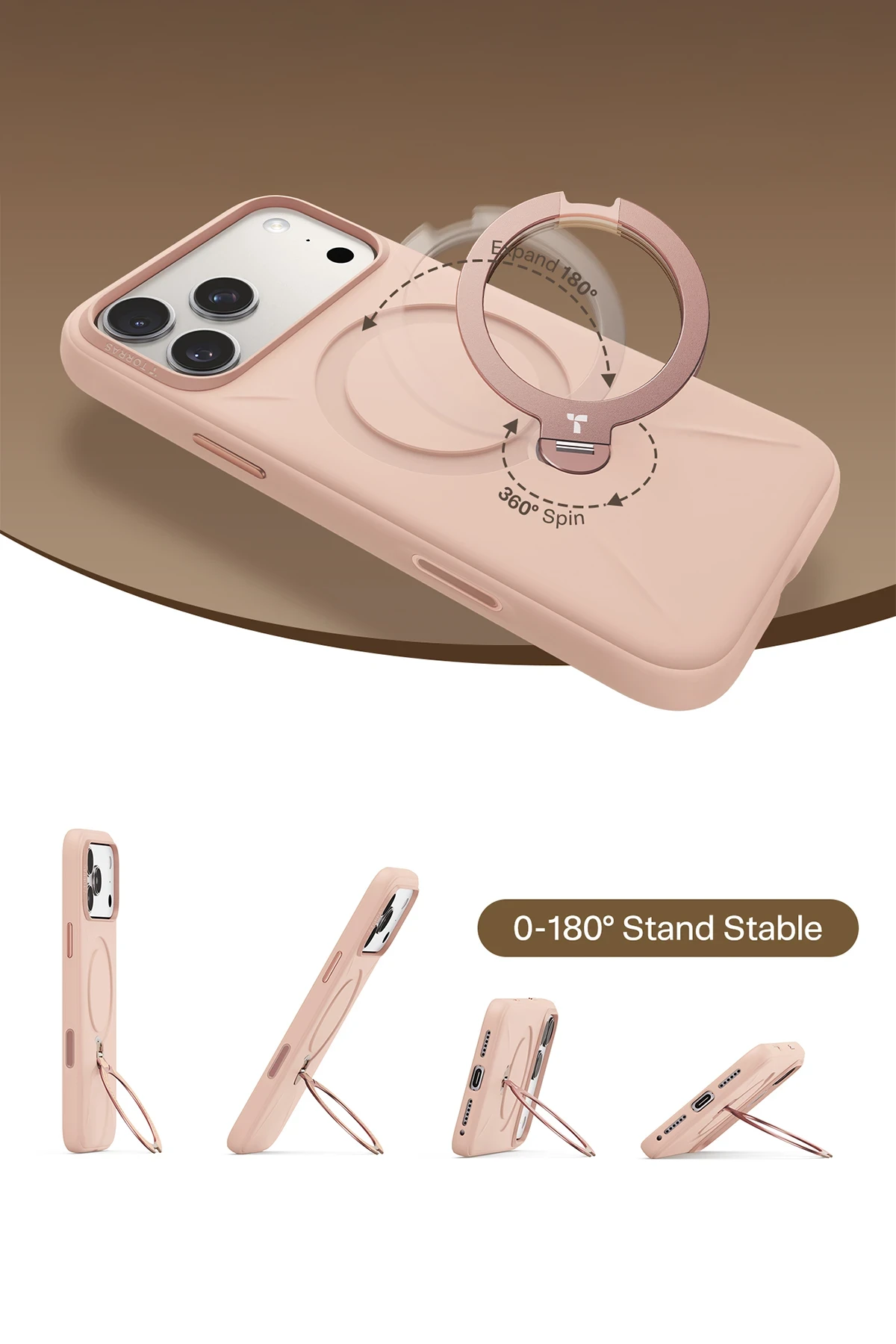 Torras Apple iPhone 17 Pro Max O Stand Spin Silicone Serisi Magsafe Kılıf - Pembe
