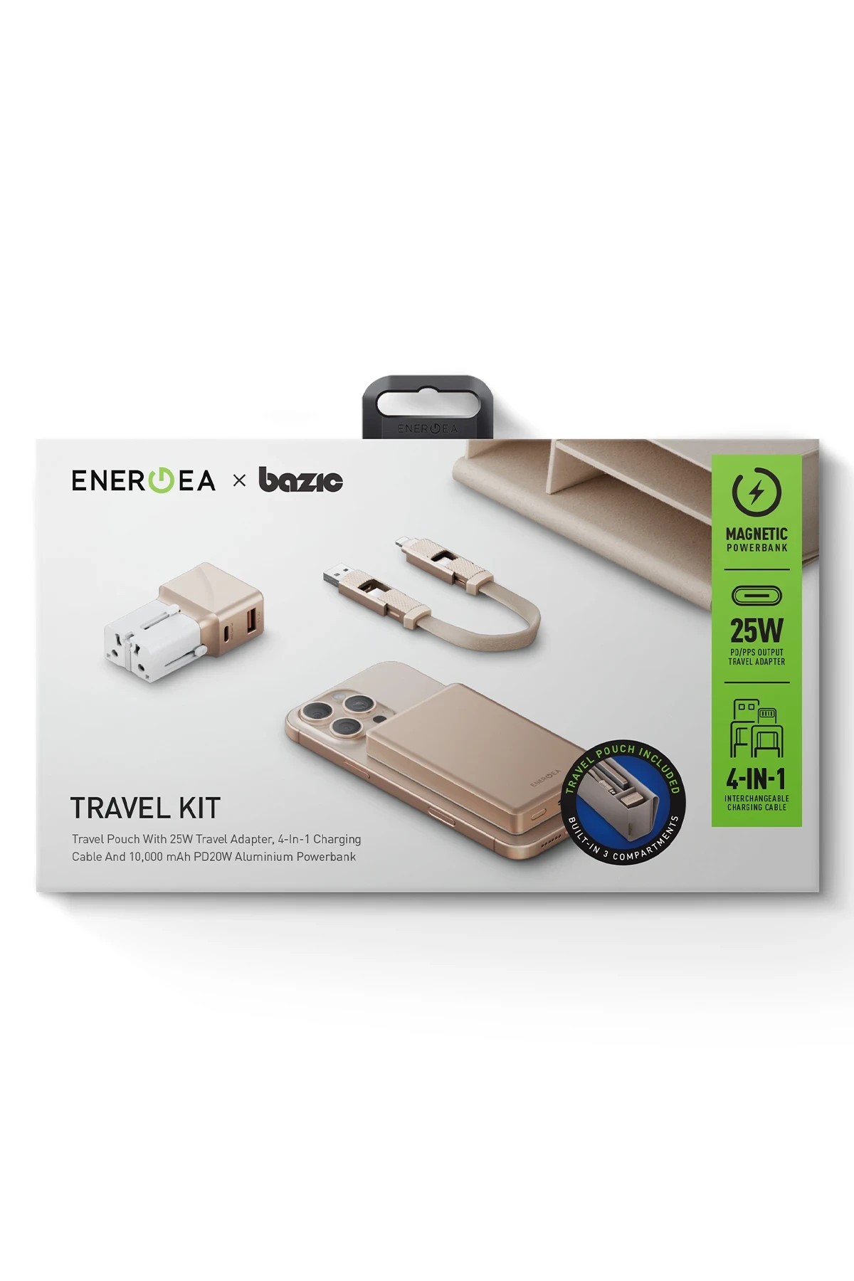 Energea X Bazic Travel Kit Universal TravelWorld 25W Adaptör AluPac 10.000 mAh Powerbank ve AluCable 15 CM 60W USB to Lightning Kablolu Set Travel Çanta - Gold