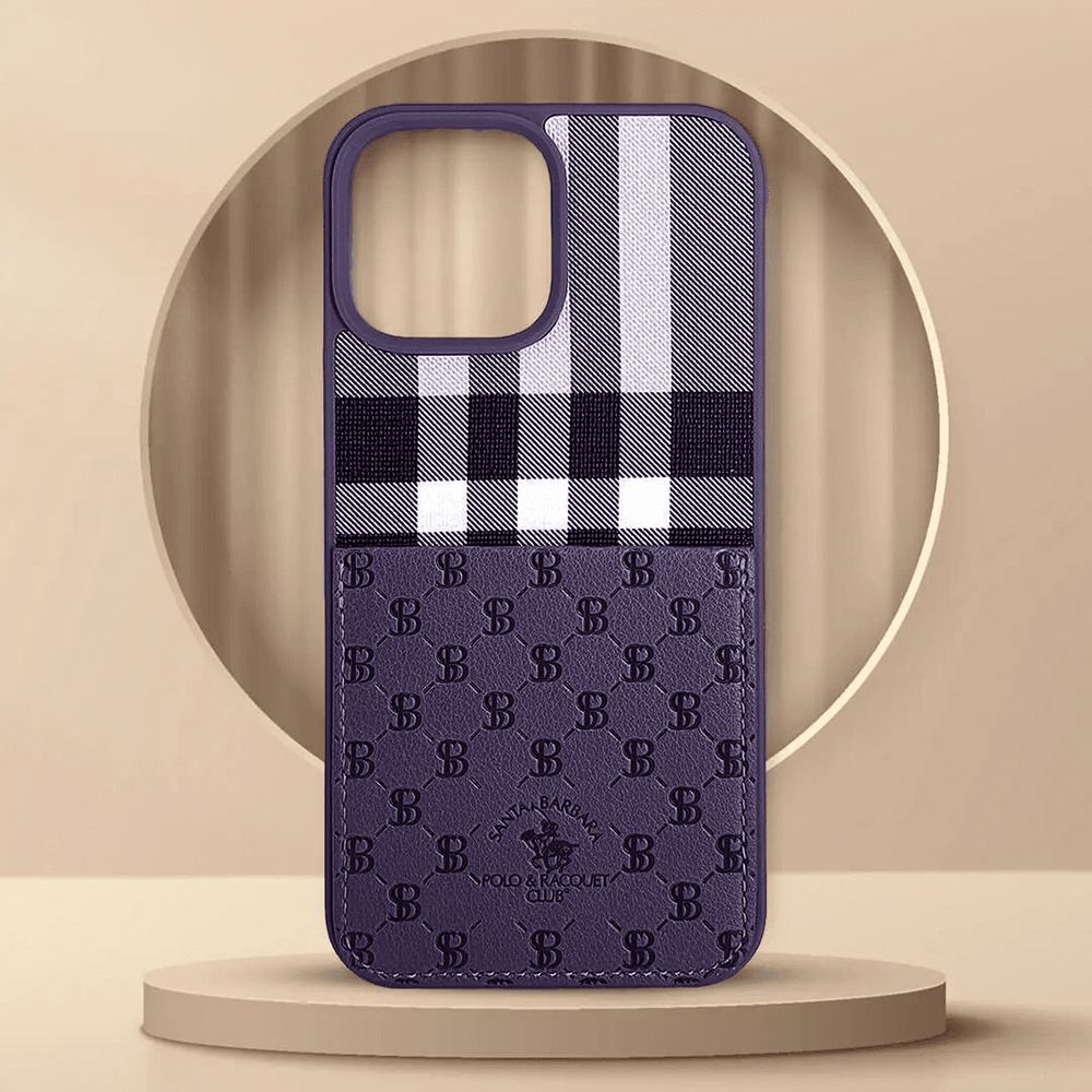 Apple iPhone 14 Pro PLAID Series Fabric Embroidered Leather Card Holy Case-Derin Purple