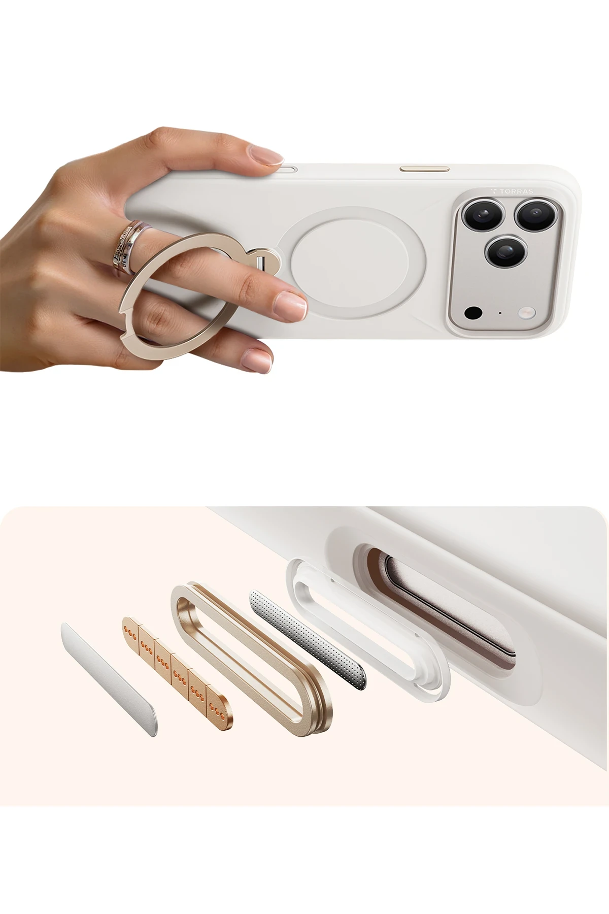 Torras Apple iPhone 17 Pro Max O Stand Spin Silicone Serisi Magsafe Kılıf - Beyaz