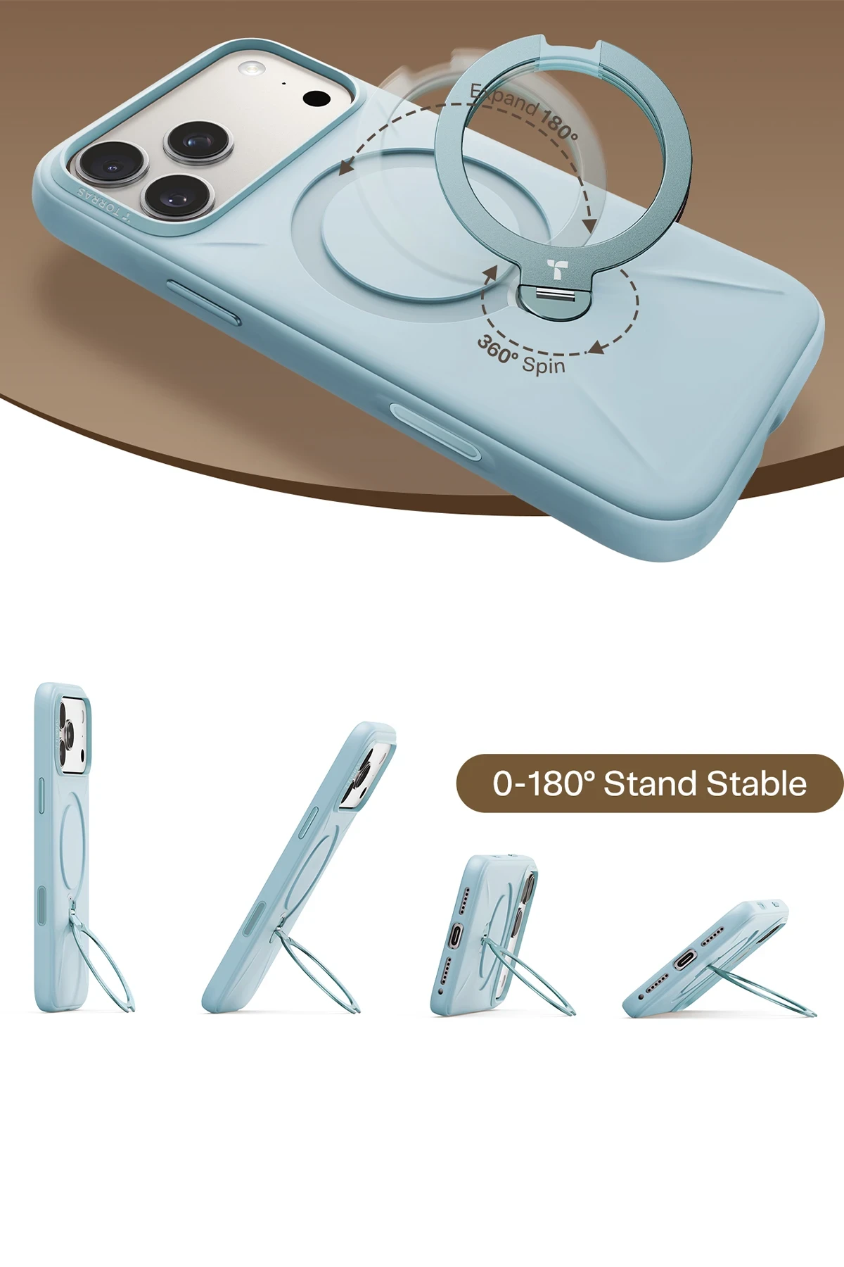 Torras Apple iPhone 17 Pro Max O Stand Spin Silicone Serisi Magsafe Kılıf - Açık Mavi