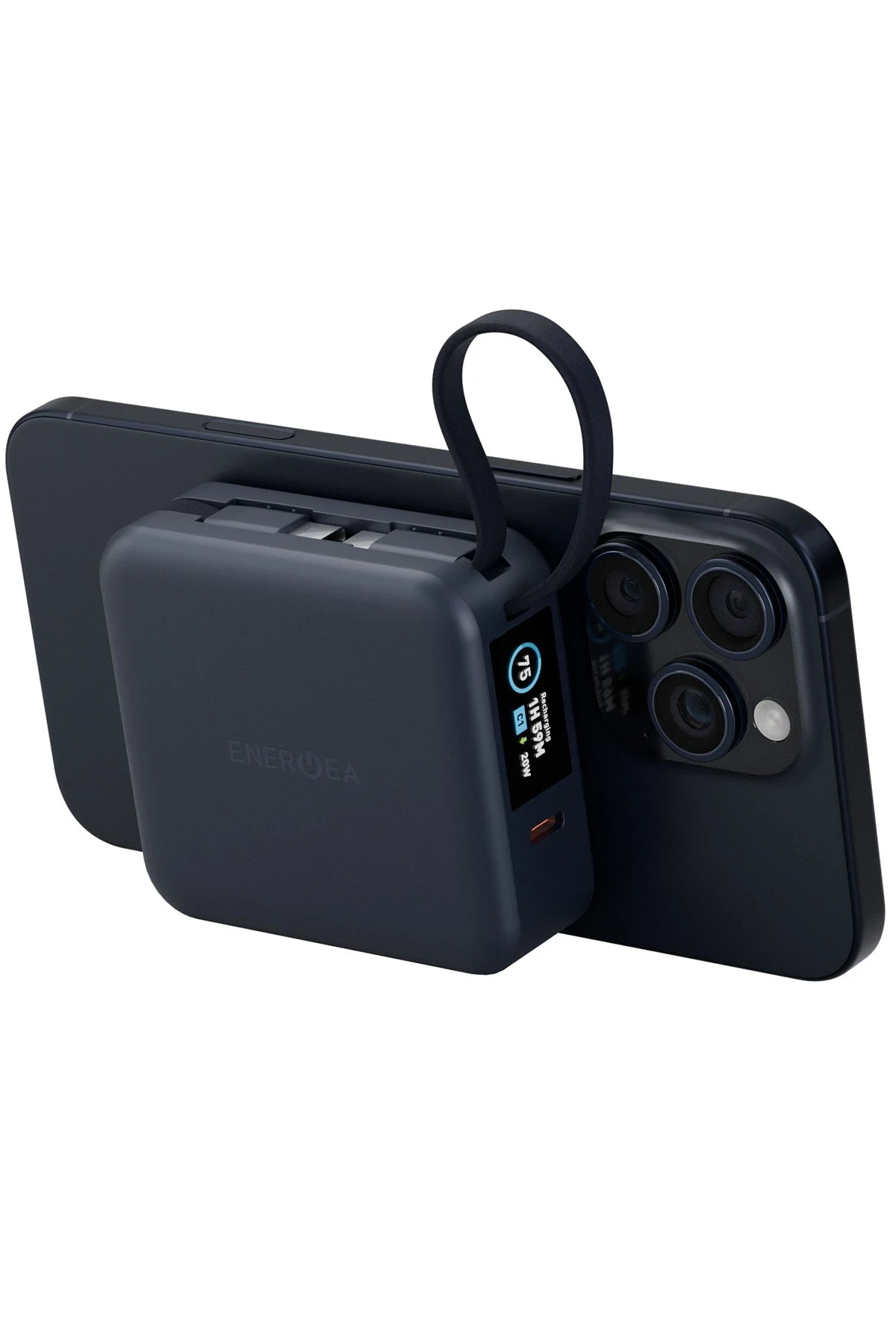 Energea MagPac Mini Plus Dijital Göstergeli 10.000 mAh 20W Type-C 2 Adet 20W Type-C Kablo Çıkışlı 15W Telefon Saat Kablosuz Şarj Destekli Magsafe Powerbank - Lacivert