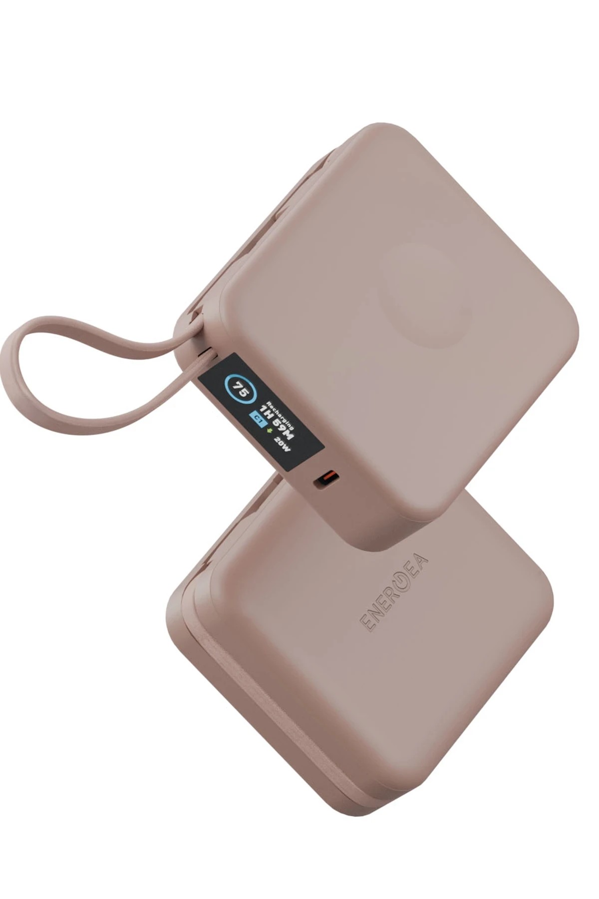 Energea MagPac Mini Plus Dijital Göstergeli 10.000 mAh 20W Type-C 2 Adet 20W Type-C Kablo Çıkışlı 15W Telefon Saat Kablosuz Şarj Destekli Magsafe Powerbank - Pembe