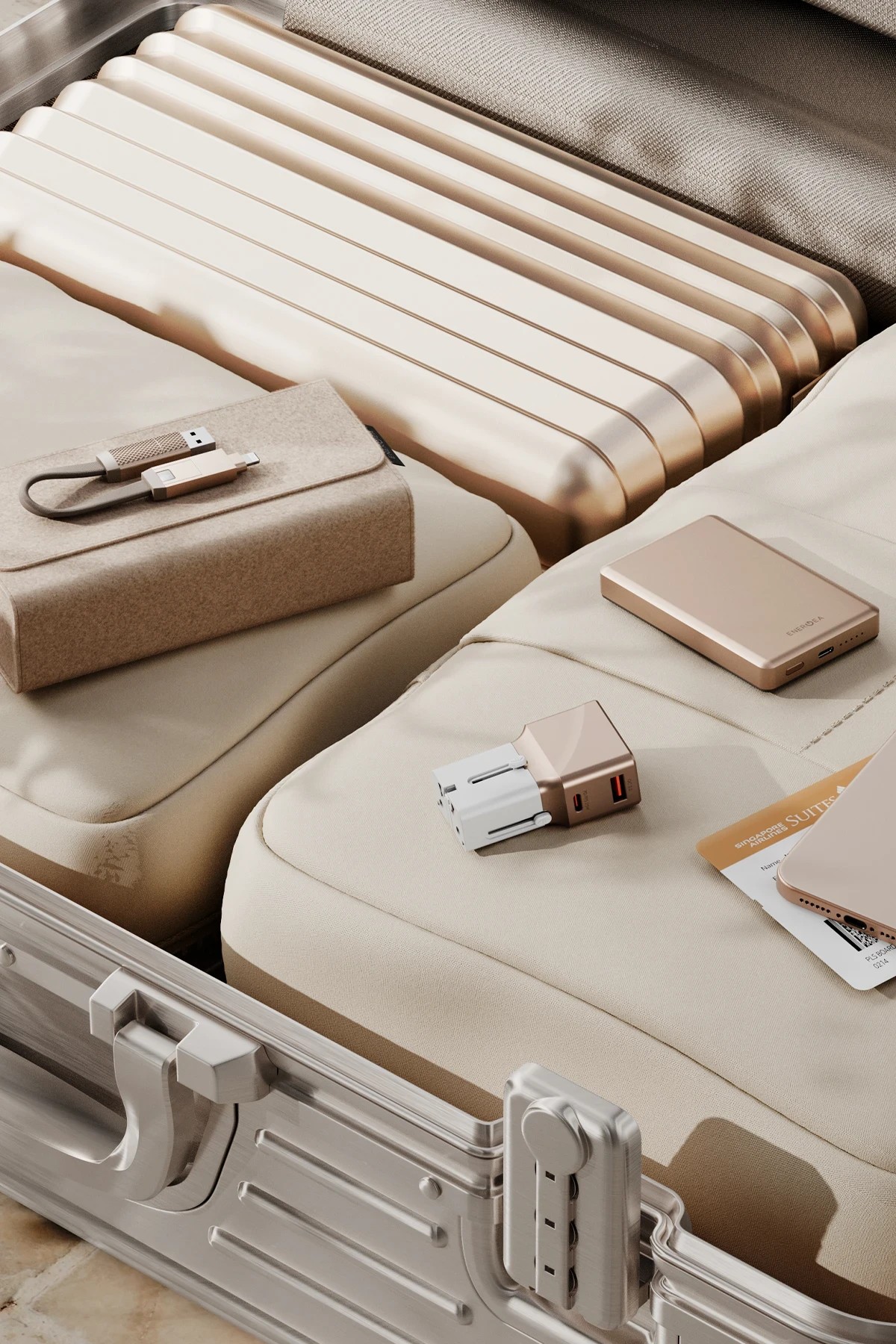 Energea X Bazic Travel Kit Universal TravelWorld 25W Adaptör AluPac 10.000 mAh Powerbank ve AluCable 15 CM 60W USB to Lightning Kablolu Set Travel Çanta - Gold