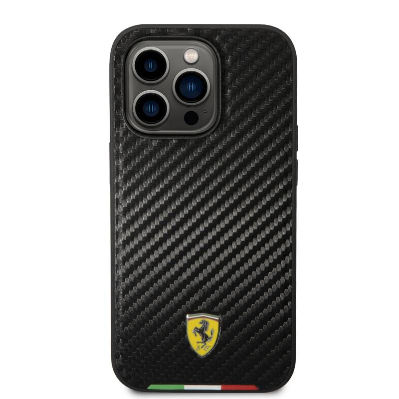 FERRARİ HC MAGSAFE PU CARBON ITALY FLAG LINE BLACK iPhone 14 PRO MAX FEHMP14XTABBK