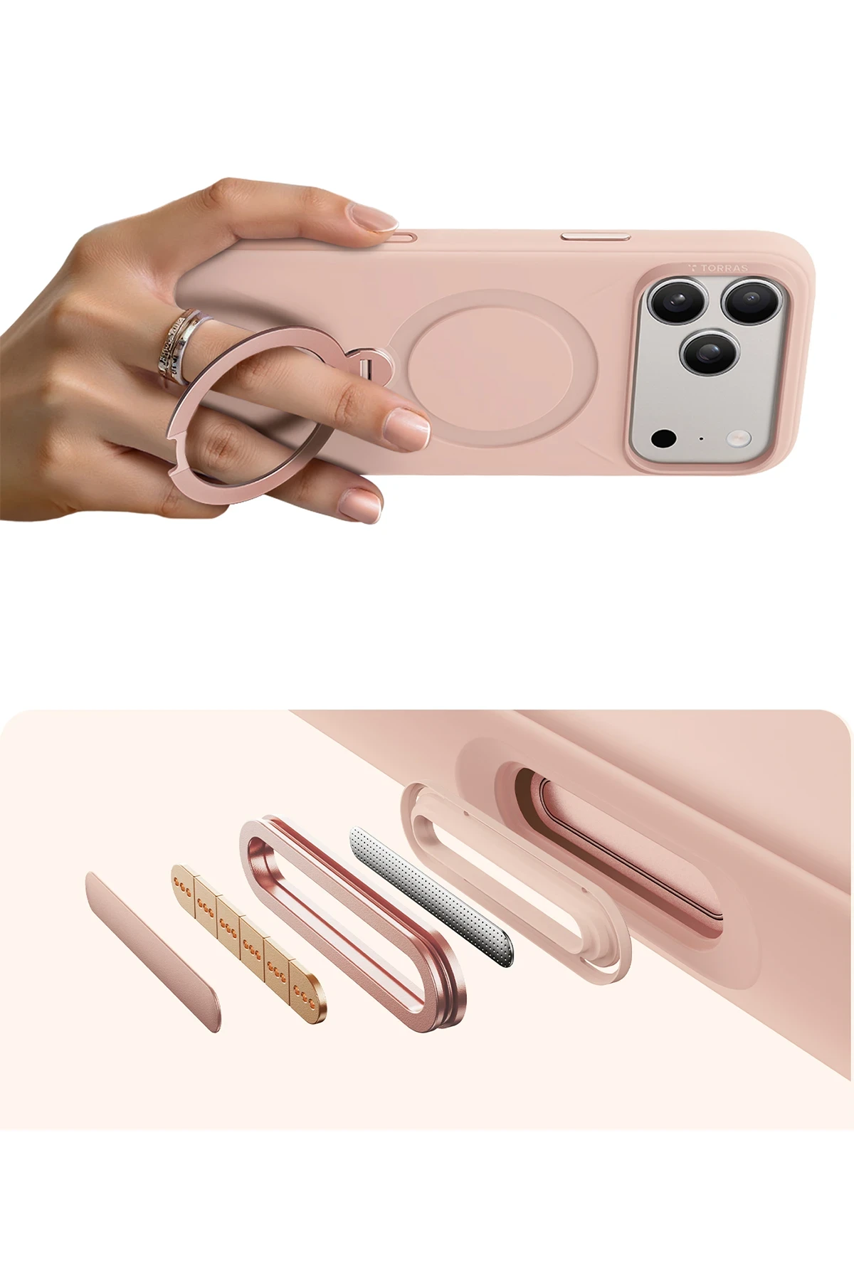 Torras Apple iPhone 17 Pro Max O Stand Spin Silicone Serisi Magsafe Kılıf - Pembe