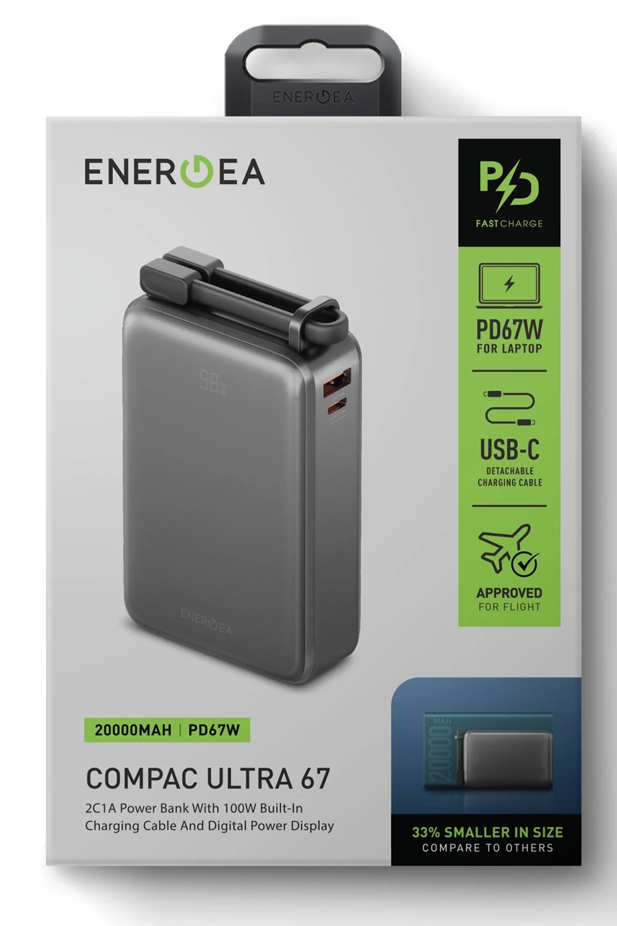 Energea ComPac Ultra67 20.000 mAh 2 Adet 67W Type-C ve 18W USB Çıkışlı Ekstra 100W Kablolu PD Hızlı Şarj Powerbank - Koyu Gri