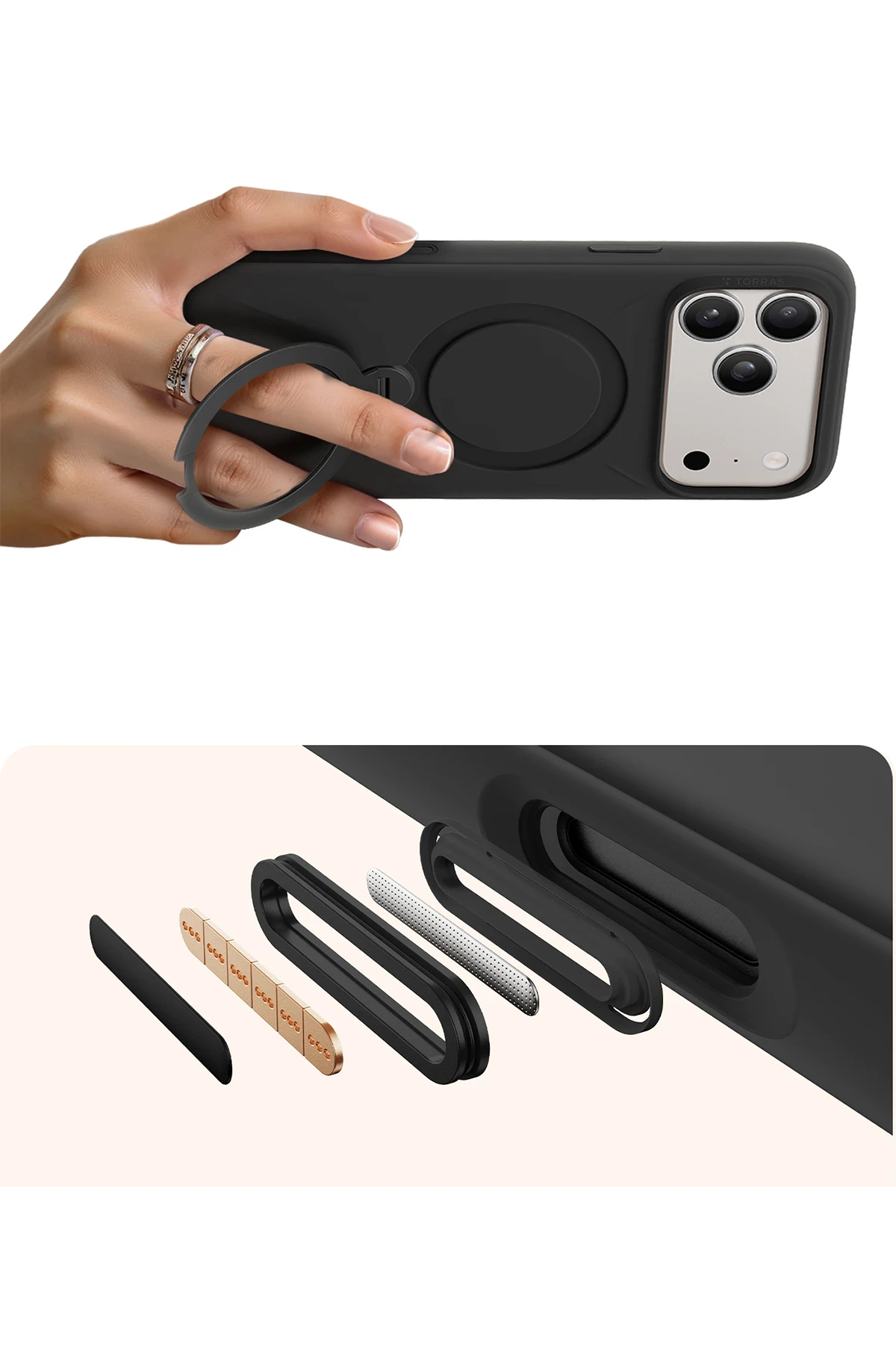 Torras Apple iPhone 17 Pro O Stand Spin Silicone Serisi Magsafe Kılıf - Siyah