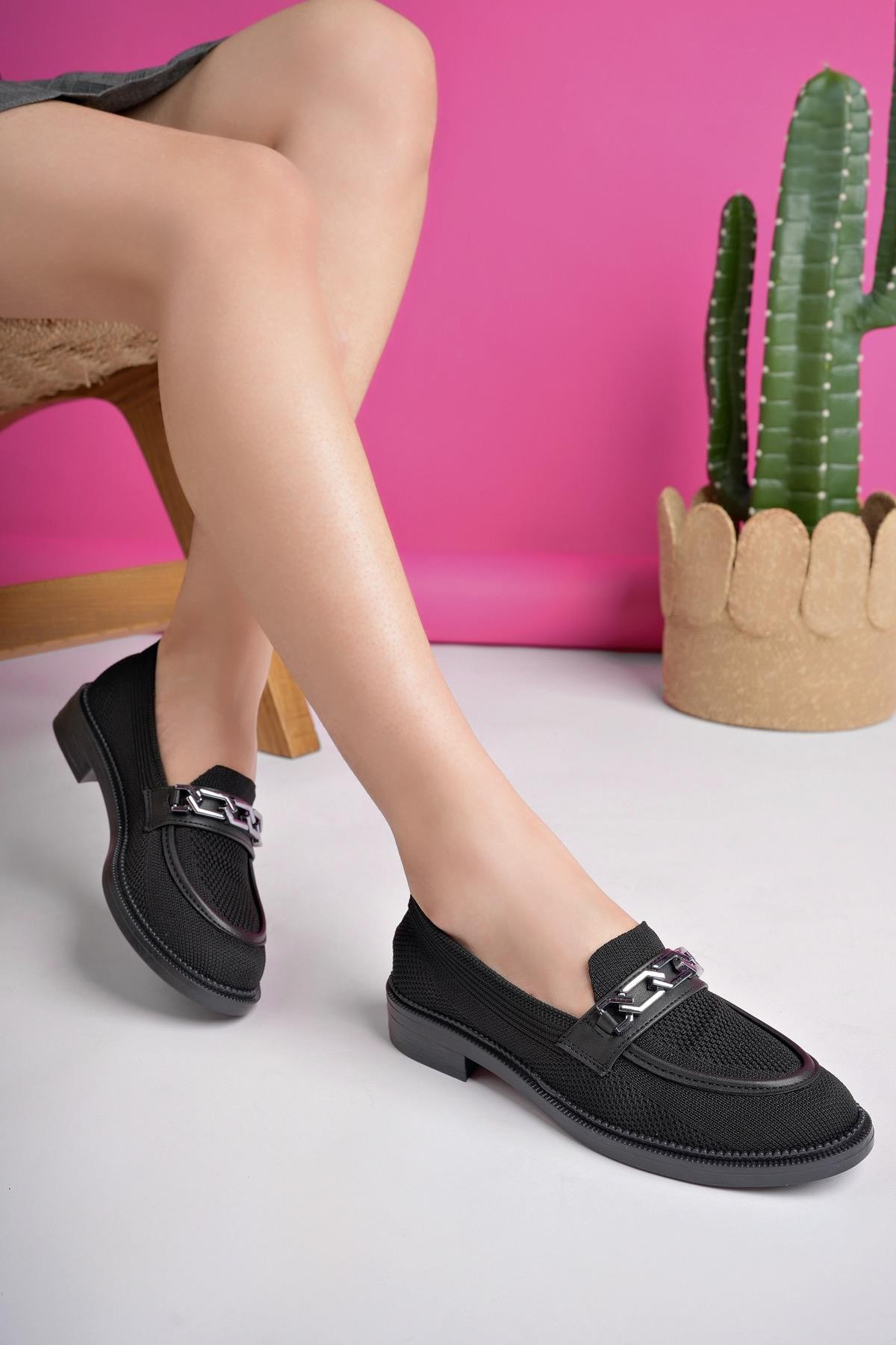 Muggo VİOLA Garantili Triko Metal Tokalı Kadın Loafer Günlük Ayakkabı - SİYAH