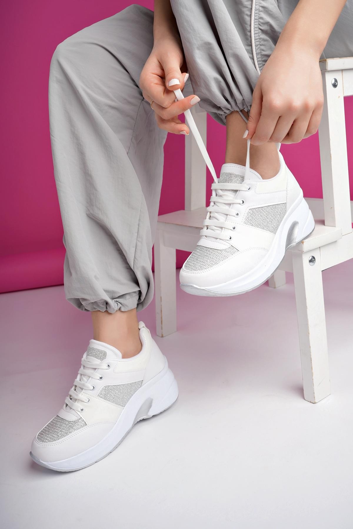 Muggo MARLON Garantili Kadın Ortopedik Yüksek Taban Günlük Bağcıklı Simli Sneaker Spor Ayakkabı - BEYAZ