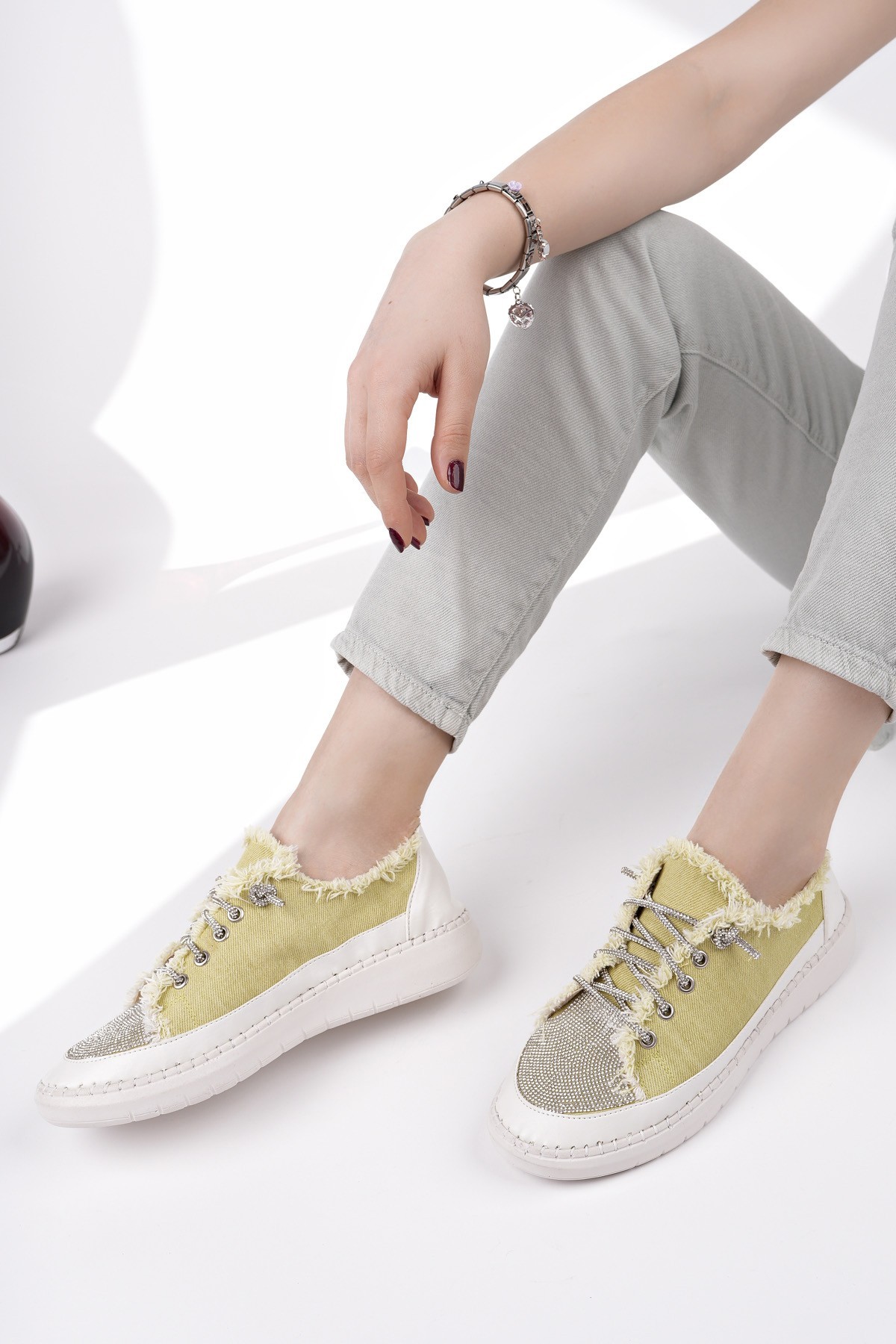 Muggo DAMSEL Bağcıklı Taşlı Kadın Günlük Denim Sneaker Spor Ayakkabı