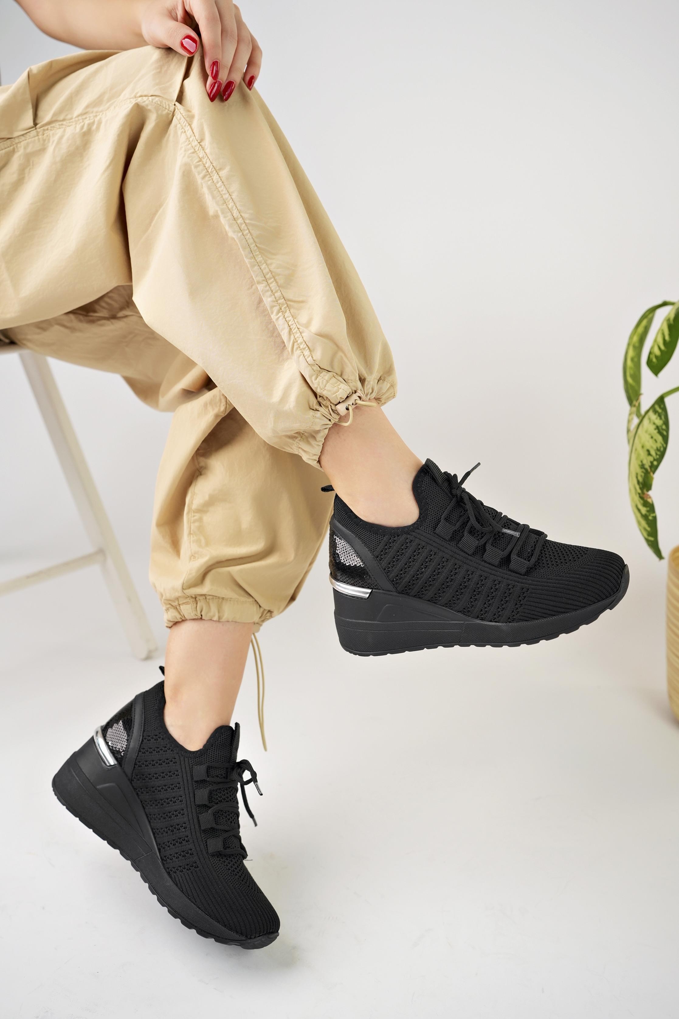 Muggo TYRA Garantili Kadın Ortopedik Yüksek Taban Günlük Bağcıklı Triko Sneaker Spor Ayakkabı
