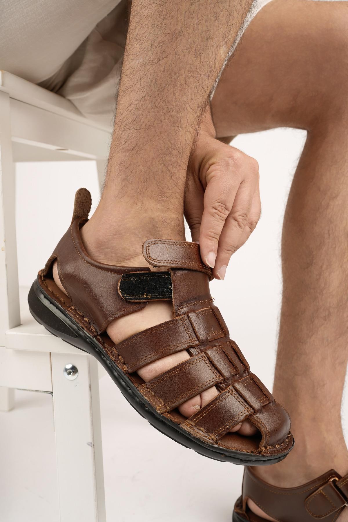 Muggo Edinburg Garantili Erkek Günlük Hakiki Deri Rahat Yumuşak Taban Ortopedik Sandalet - KAHVERENGİ
