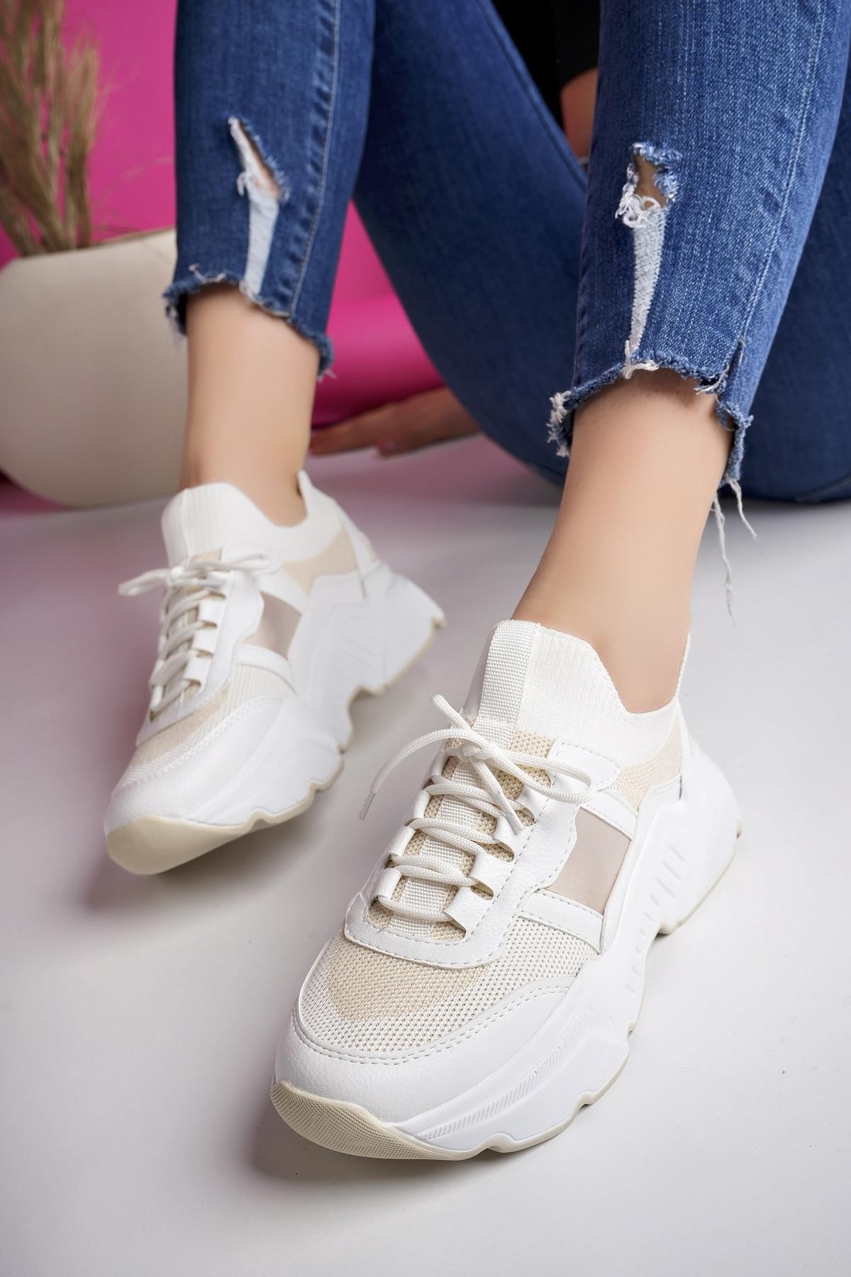 Muggo SEPHO Garantili Günlük Yürüyüş Koşu Yüksek Taban Rahat Kadın Sneaker Spor Ayakkabı - BEYAZ