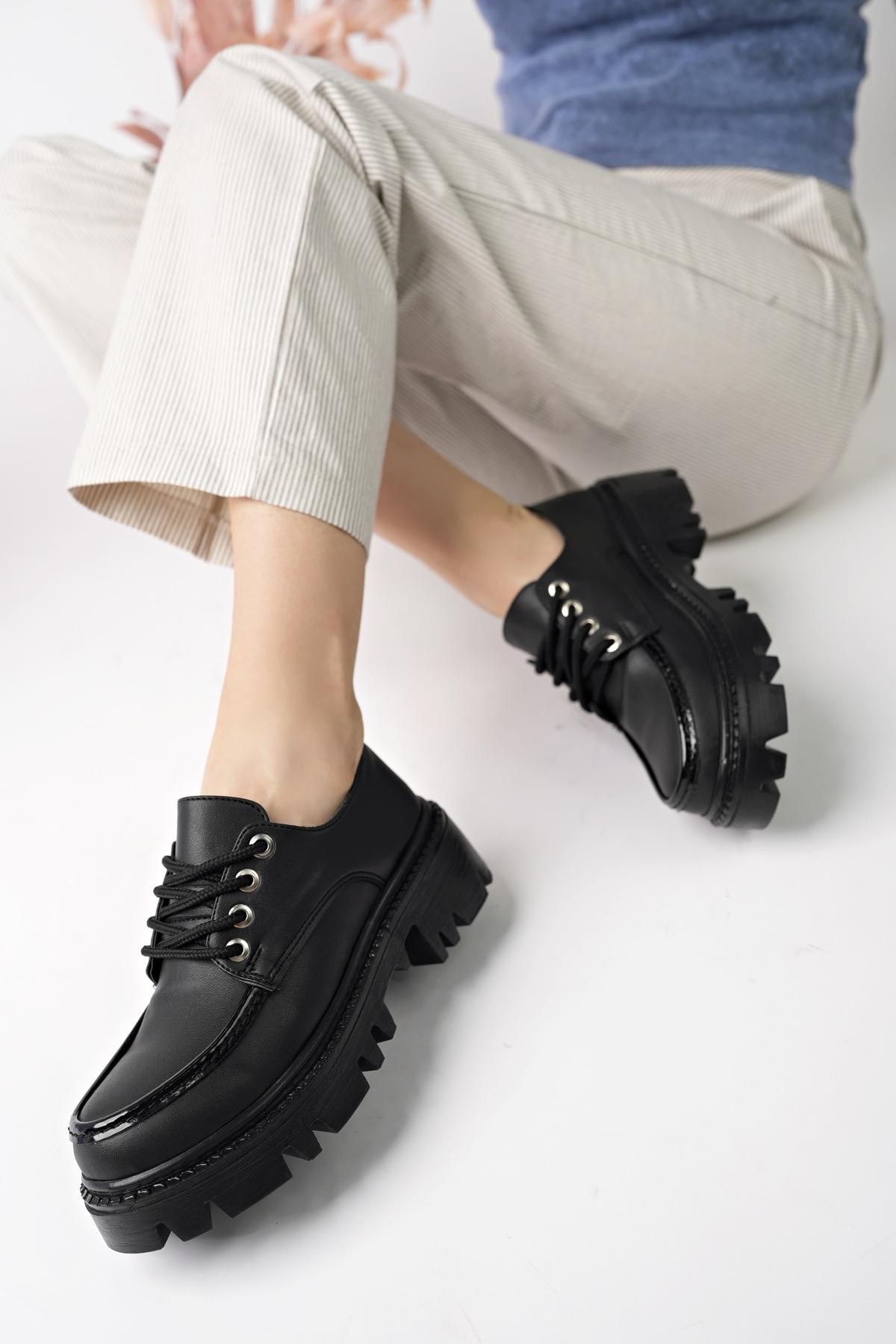 Muggo ROLLER Garantili Kadın Loafer Kalın Taban Bağcıklı Günlük Casual Rahat Ayakkabı