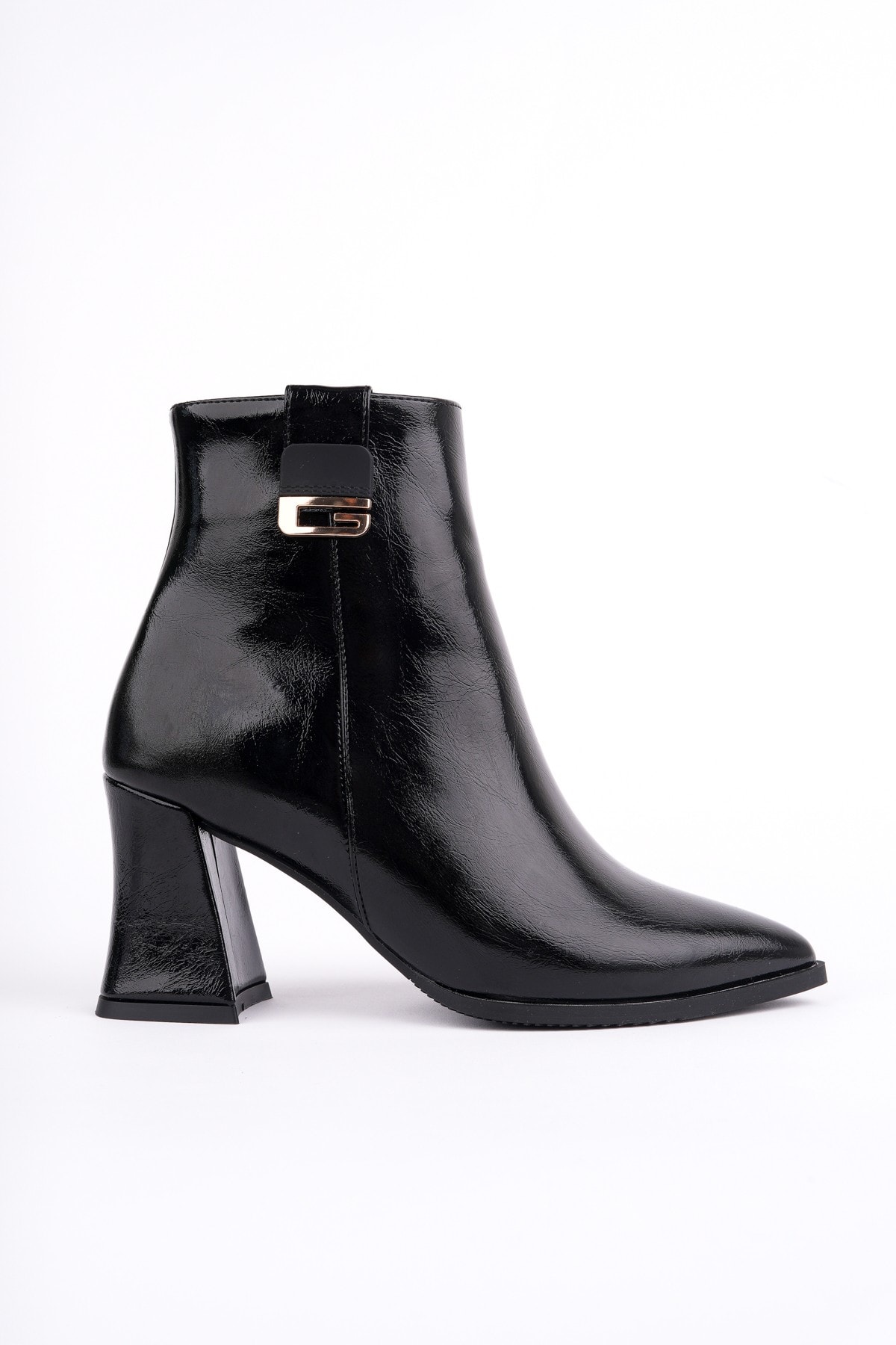 Muggo LUXERA Sivri Burun Toka Detaylı Fermuarlı Kalın Topuklu Kadın Bot - SİYAH RUGAN