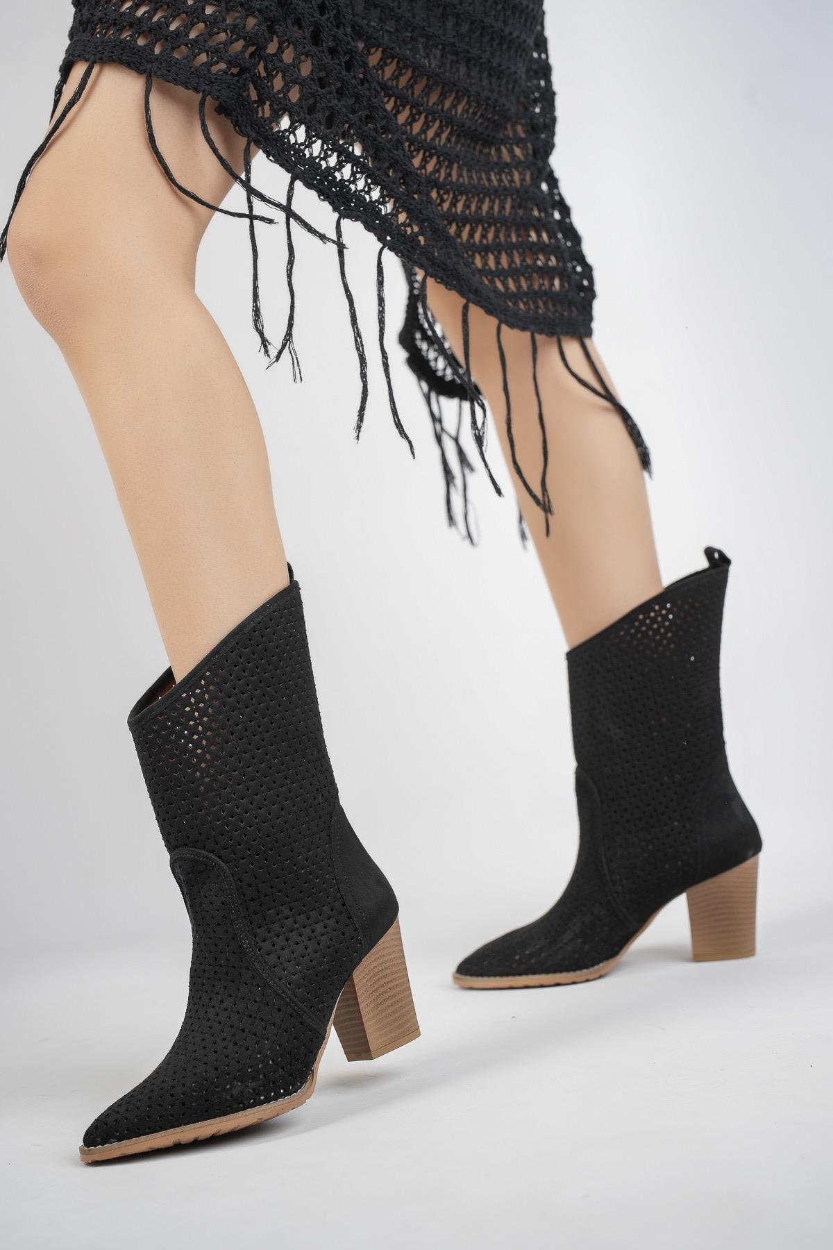 Muggo İndiana Garantili Kadın Lazer Kesim Şık Tarz ve Rahat Kovboy Yazlık Bot - SİYAH