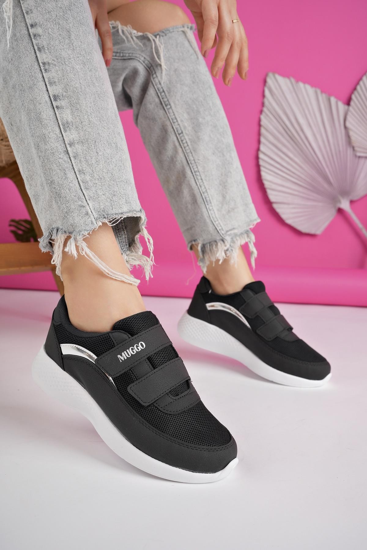 Muggo SAHRA Garantili Kadın Ortopedik Bağcıksız Cırtlı Rahat Sneaker Spor Ayakkabı - SİYAH- BEYAZ